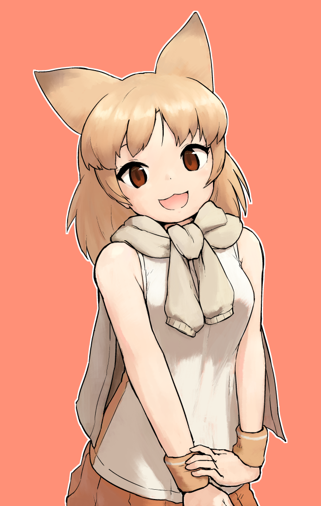 1girl :3 :d animal_ears bare_arms bare_shoulders blonde_hair brown_eyes commentary_request cowboy_shot extra_ears jacket_around_neck kemono_friends long_hair looking_at_viewer open_mouth orange_skirt outline pale_fox_(kemono_friends) red_background rumenia_(ao2is) shirt simple_background skirt sleeveless sleeveless_shirt smile solo white_outline white_shirt wristband