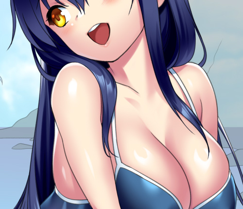 1girl :d alternate_costume bare_shoulders bikini black_hair blue_bikini blush breasts cleavage collarbone commentary_request cropped hair_over_breasts hair_over_shoulder happy head_tilt kushima_kamome large_breasts long_hair looking_back lowres open_mouth shiny_skin sidelocks smile solo straight_hair summer_pockets swimsuit teeth upper_body upper_teeth_only yellow_eyes zen_(kamuro)