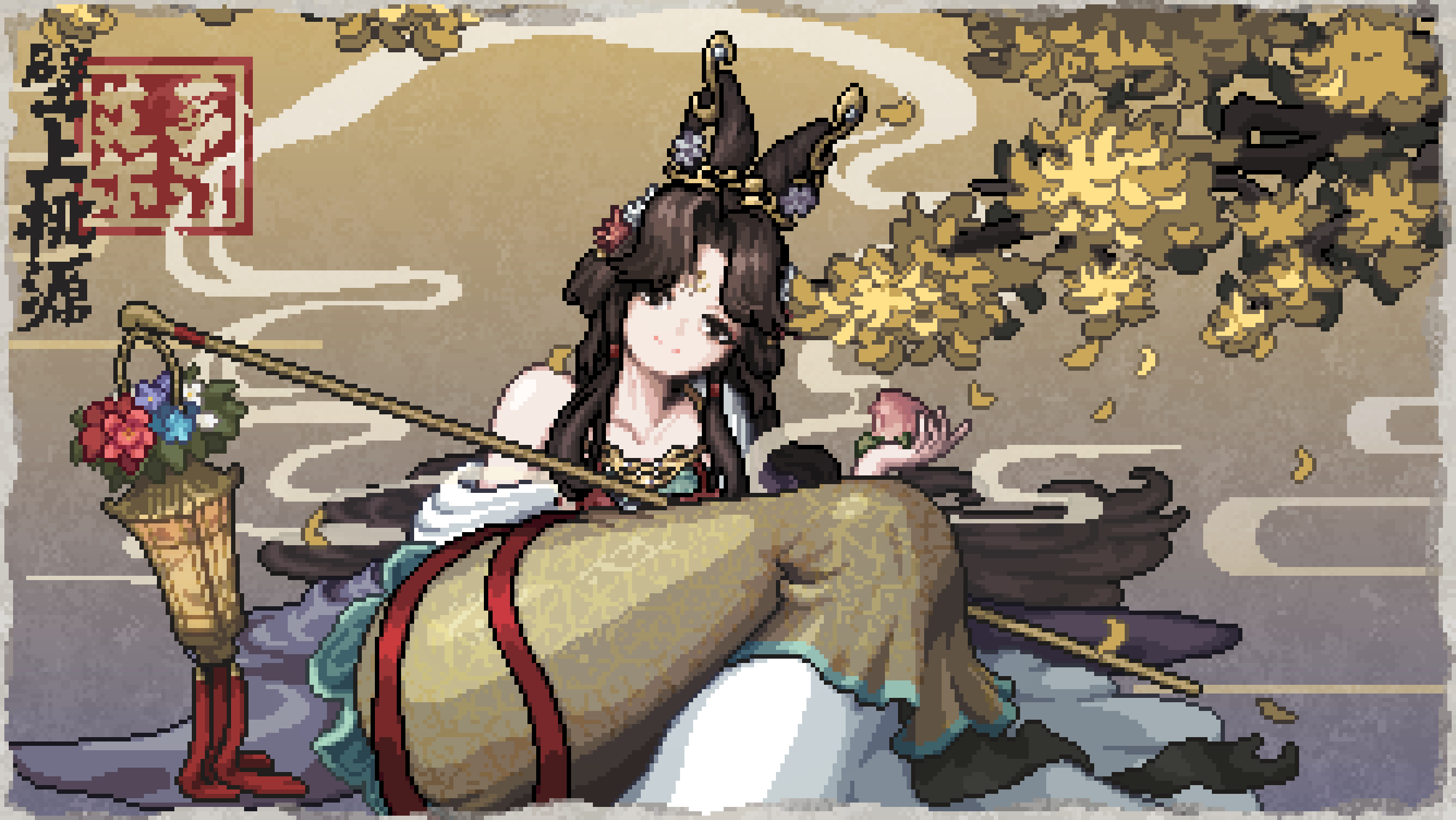 1girl black_eyes black_hair branch chinese_text falling_leaves feet_out_of_frame feixianji_(hairstyle) flower food fruit gradient_background hagoromo hair_flower hair_ornament highres holding holding_food holding_fruit idaidin jiu_niangzi jiu_niangzi_(blossom_spring_fairy) knees_up lantern leaf long_hair long_skirt looking_at_viewer lying official_alternate_costume on_side parted_bangs peach pink_flower pixel_art purple_background purple_flower reverse:1999 seal_impression shawl single_bare_shoulder single_off_shoulder skirt smile smoke solo very_long_hair white_shawl yellow_background yellow_skirt