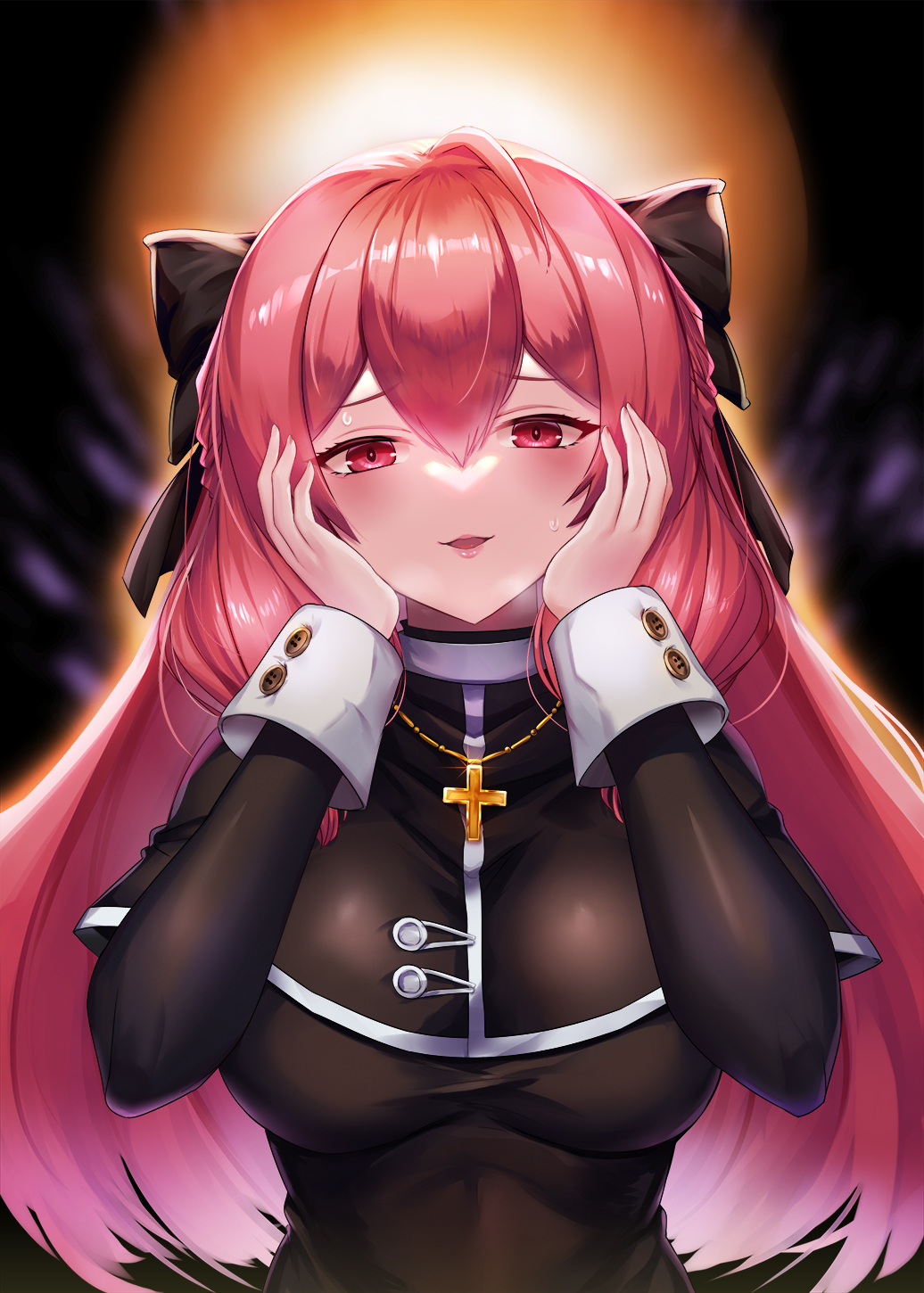 1girl black_capelet black_dress black_ribbon blush breasts brown_dust_(series) brown_dust_2 capelet cross cross_necklace dress dtcy hair_between_eyes hair_ribbon hands_on_own_chin heavy_breathing highres jewelry large_breasts liberta_(brown_dust_2) liberta_(dark_saintess)_(brown_dust_2) lipstick long_hair looking_at_viewer makeup necklace nun open_mouth pink_eyes pink_hair ribbon smile solo sweat upper_body very_long_hair white_wrist_cuffs wrist_cuffs