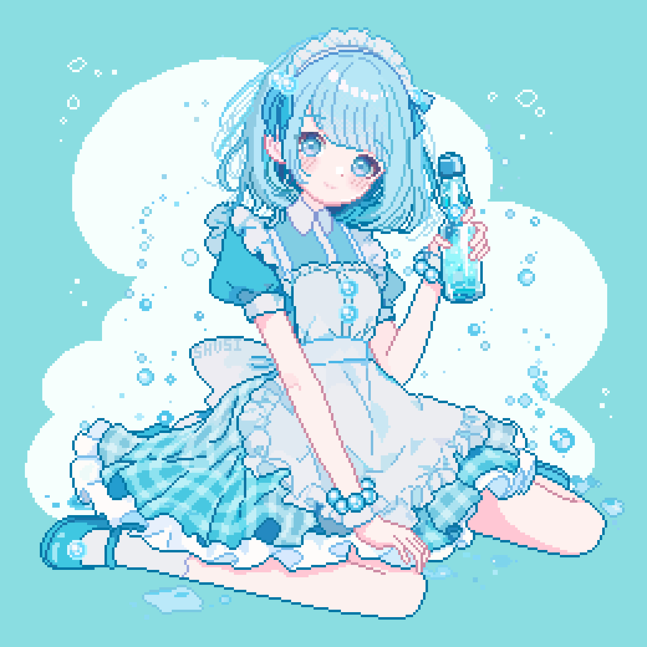 1girl apron bead_bracelet beads blue_dress blue_eyes blue_hair blue_shoes blue_theme blush bottle bracelet closed_mouth commentary dress frilled_apron frills full_body highres holding holding_bottle jewelry looking_at_viewer maid maid_apron maid_headdress mary_janes original pixel_art puffy_short_sleeves puffy_sleeves shoes short_sleeves shusi_(6muuu3) sitting solo symbol-only_commentary wariza