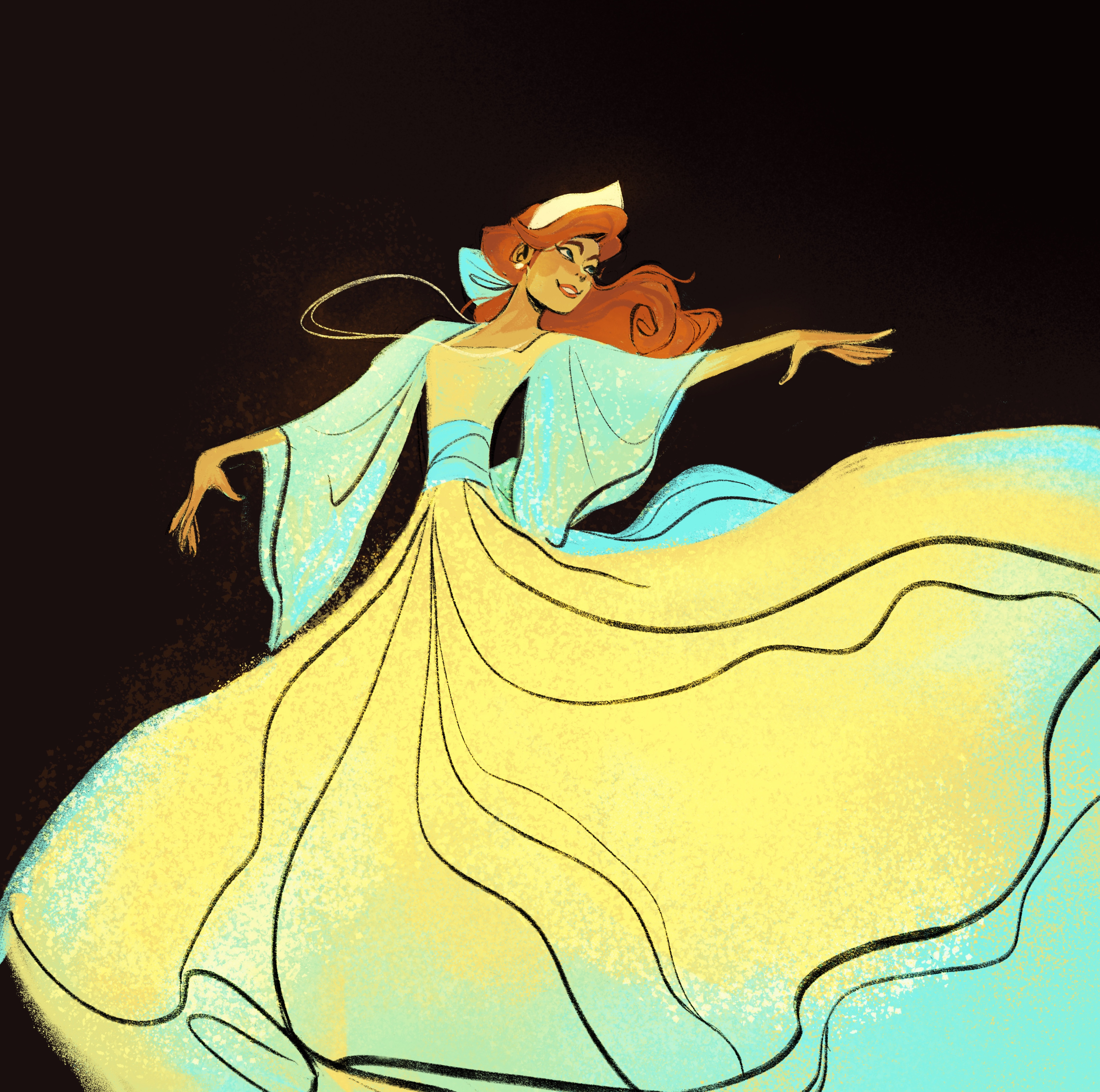 1girl absurdres anastasia_(1997) anya_(anastasia) black_background blue_sleeves commentary crown dress earrings english_commentary floating_clothes francescarisoldi hair_tie highres jewelry long_dress looking_to_the_side necklace orange_hair outstretched_arm ponytail princess simple_background smile solo yellow_dress