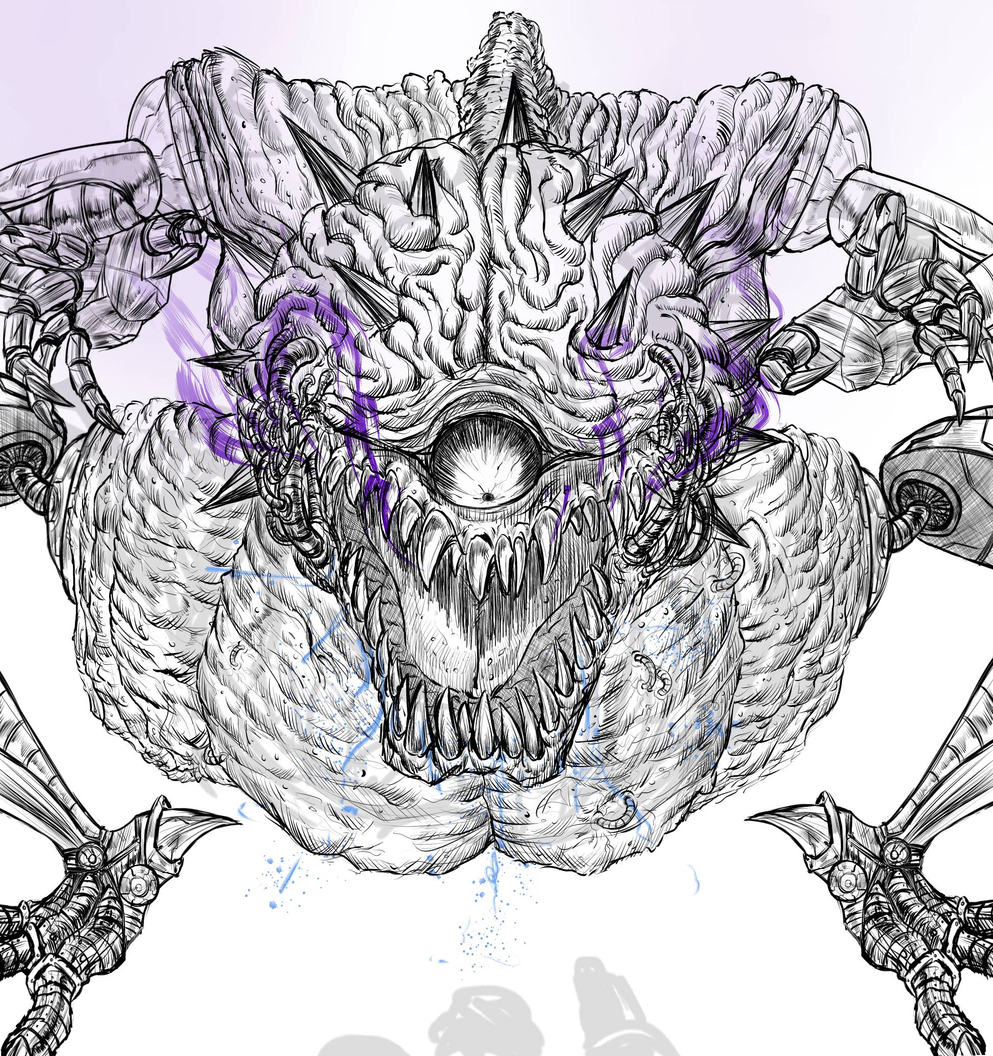 alien arm_cannon biomechanical brain claws commentary_request greyscale highres jaws light_trail metroid monochrome monster mother_brain nintendo one-eyed open_mouth rei1123 saliva samus_aran science_fiction screaming shadow sharp_teeth simple_background smoke_from_mouth spikes spot_color super_metroid teeth weapon white_background