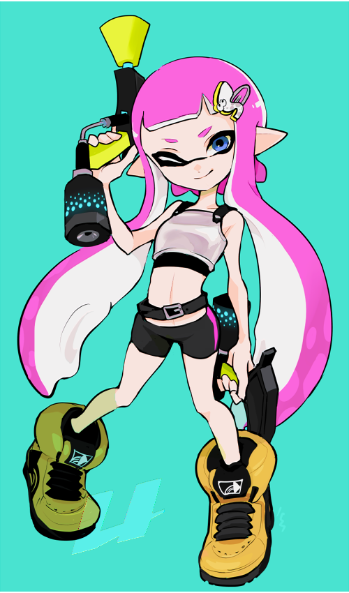 1girl aqua_background armor bare_shoulders belt belt_buckle black_belt black_shirt black_shorts blue_eyes breastplate buckle closed_mouth commentary commission crop_top dual_wielding full_body hair_ornament hairclip hero_dualies_(splatoon) high_tops holding holding_weapon imaikuy0 inkling inkling_girl inkling_player_character long_hair looking_at_viewer midriff navel nintendo one_eye_closed pink_hair pointy_ears shirt shoes shorts skeb_commission smile sneakers solo splatoon_(series) standing tentacle_hair twintails weapon yellow_shoes
