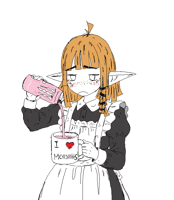 1girl ahoge apron black_dress blood blood_on_face blunt_bangs blunt_ends can coffee_mug collar commentary cowboy_shot cup cuts dress elf empty_eyes freckles frilled_apron frills frown holding holding_can holding_cup injury jaggy_lines jitome logo looking_at_food maid maid_apron medium_hair monster_energy mug mug_writing netochka orange_hair original pink_liquid pointy_ears pouring sad simple_background solo stuffbecauseidk three_quarter_view transparent_background white_collar