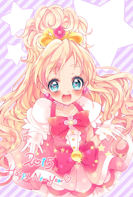 1girl :d aqua_eyes blonde_hair bow cowboy_shot cure_flora earrings female_focus flower_earrings gloves go!_princess_precure gradient_hair haruno_haruka heart heart-shaped_pupils heart_in_eye jewelry long_hair looking_at_viewer magical_girl multicolored_hair open_mouth pink_bow pink_hair pink_skirt precure skirt smile solo star_(symbol) striped_background symbol-shaped_pupils symbol_in_eye uzuki_aki waist_bow white_gloves