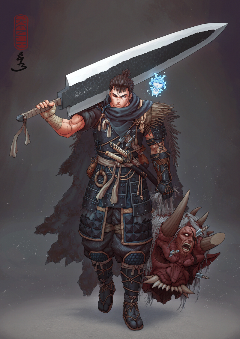 1boy alternate_costume alternate_hairstyle armor artist_name baggy_pants bandaged_arm bandages belt_pouch berserk black_armor black_hair broken_horn cape closed_mouth cuirass decapitation demon extra_faces extra_horns eyepatch facing_viewer fairy frown glowing greatsword grey_hair guillem_dauden guts_(berserk) haidate hand_wraps helmet holding holding_detached_head holding_sword holding_weapon horns japanese_armor japanese_clothes kabuto_(helmet) kote kunai kusazuri looking_at_viewer male_focus muscular muscular_male one_eye_closed open_mouth over_shoulder pants pants_tucked_in pouch prosthesis prosthetic_arm puck_(berserk) samurai sandals sash scar scar_on_arm scar_on_face scar_on_nose sheath sheathed short_sword shoulder_armor simple_background sleeves_rolled_up sode stab straw_cape suneate sword tabi tantou toned toned_male topknot wakizashi waraji weapon weapon_over_shoulder