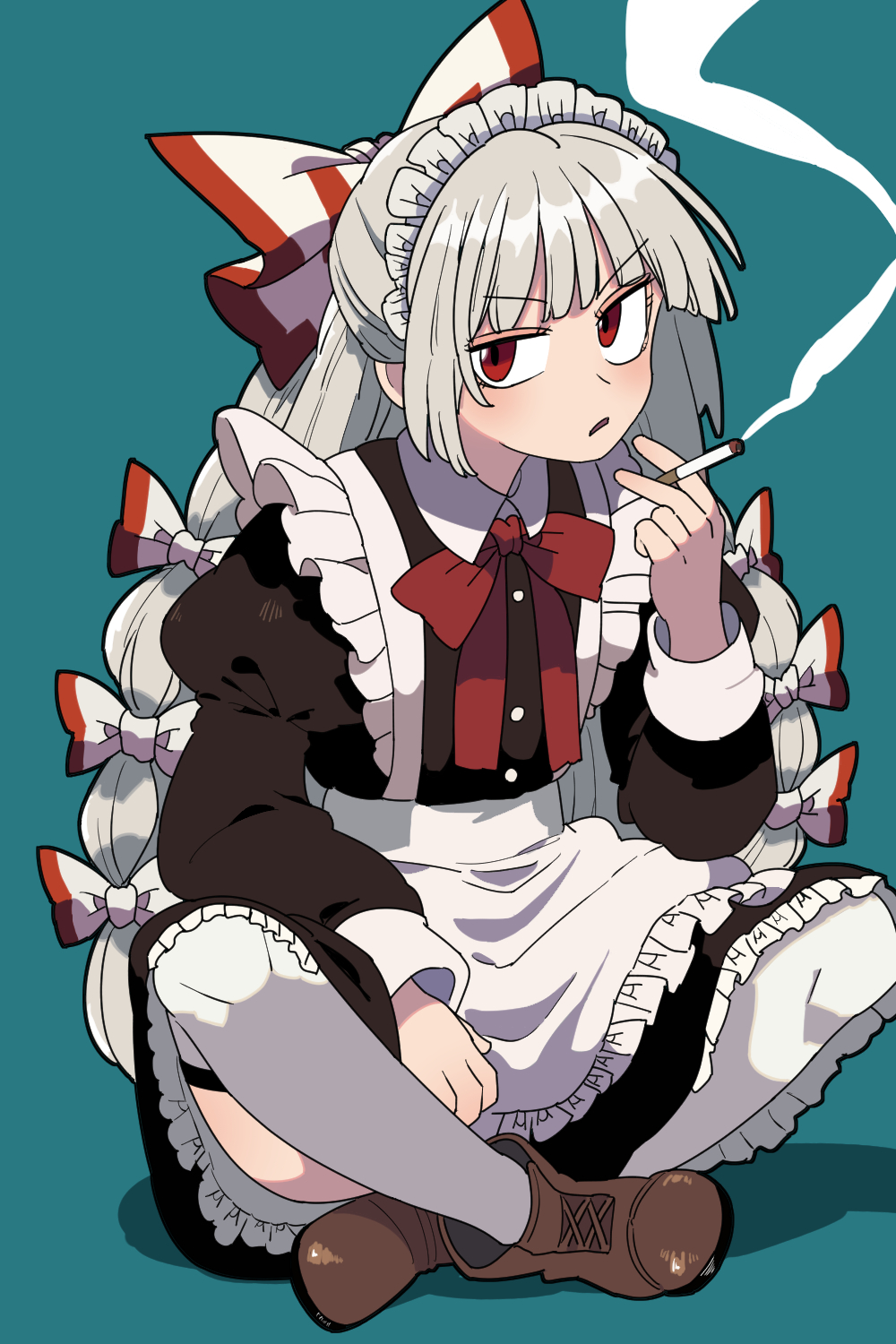 1girl alternate_costume ankle_boots apron black_dress blue_background bollzzalguy boots bow bowtie brown_boots cigarette dress enmaided fujiwara_no_mokou grey_hair hair_bow hashtag-only_commentary highres holding holding_cigarette indian_style juliet_sleeves long_hair long_sleeves looking_at_viewer maid maid_headdress multiple_hair_bows puffy_sleeves red_bow red_bowtie red_eyes sitting smoke smoking solo thighhighs touhou v-shaped_eyebrows very_long_hair waist_apron white_apron white_bow white_thighhighs