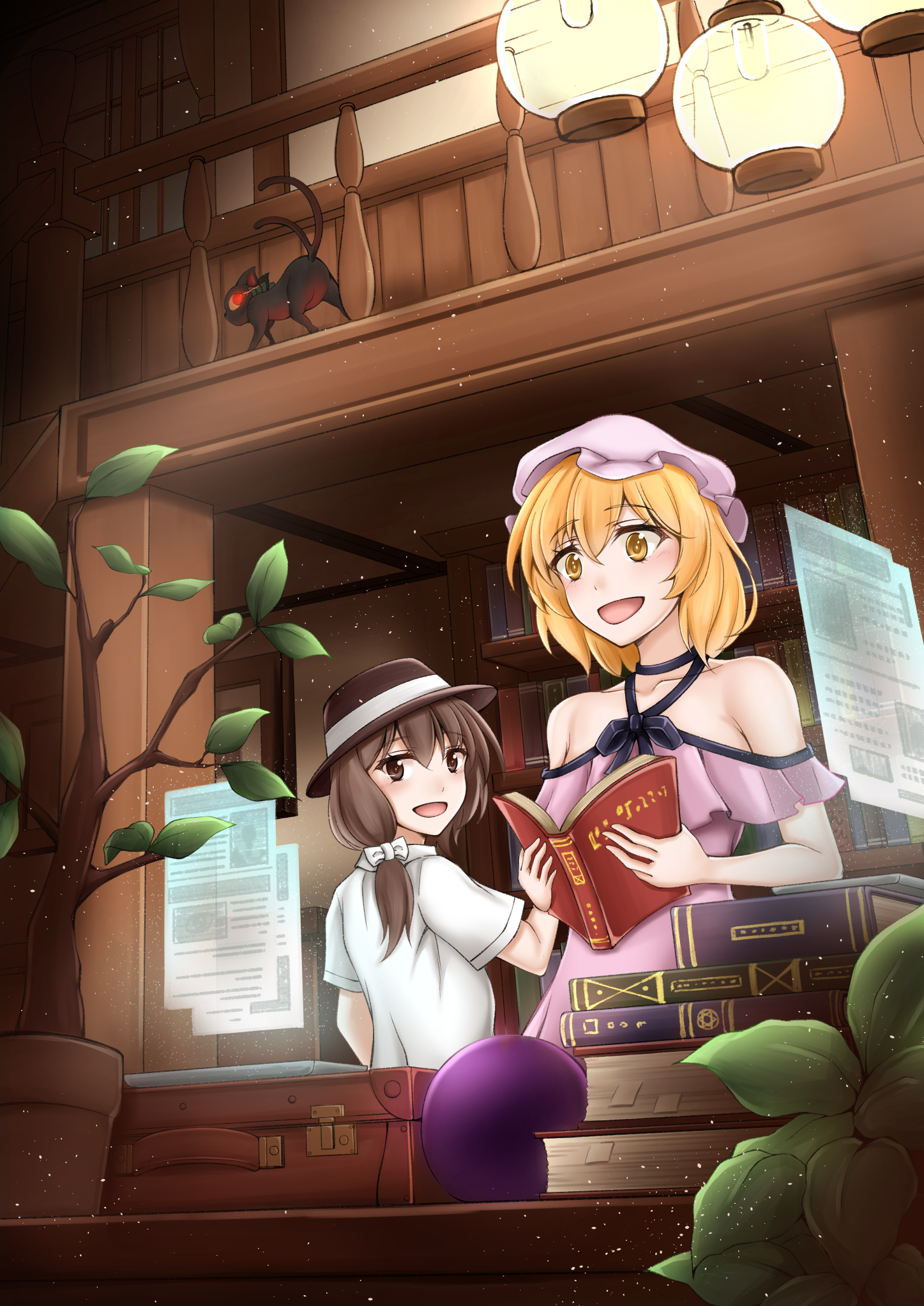 2girls alternate_costume asymmetrical_hair bakeneko blonde_hair book book_stack brown_hair dress fedora from_behind hat highres holographic_interface holographic_monitor indoors kaenbyou_rin kaenbyou_rin_(cat) leaf maribel_hearn mob_cap multiple_girls multiple_tails occult_ball plant purple_dress shirt short_hair short_sleeves smile suitcase tail touhou two_tails usami_renko user_crfm4734 white_shirt wooden_wall