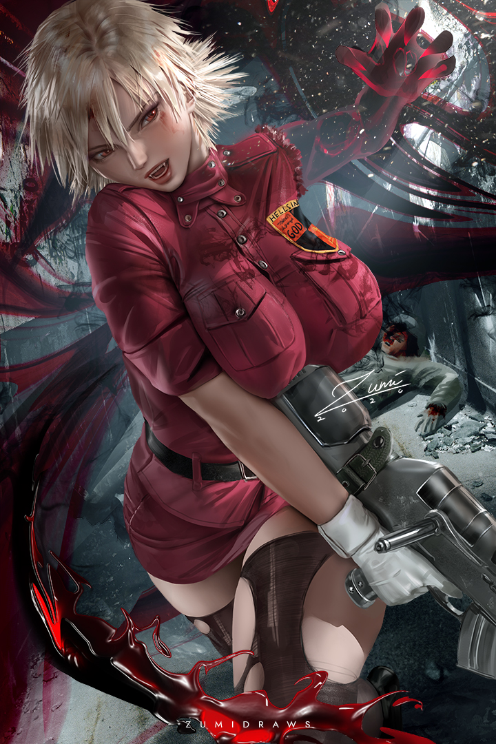 1girl anti-materiel_rifle banned_artist belt black_belt black_thighhighs blonde_hair blood breasts cannon fang gloves gun hair_between_eyes harkonnen_(gun) hellsing holding holding_gun holding_weapon jacket large_breasts looking_at_viewer miniskirt open_mouth red_eyes red_jacket red_skirt rifle seras_victoria short_hair short_sleeves single_glove skirt sniper_rifle solo thighhighs torn_clothes torn_sleeves torn_thighhighs vampire weapon white_gloves zumi_(zumidraws)