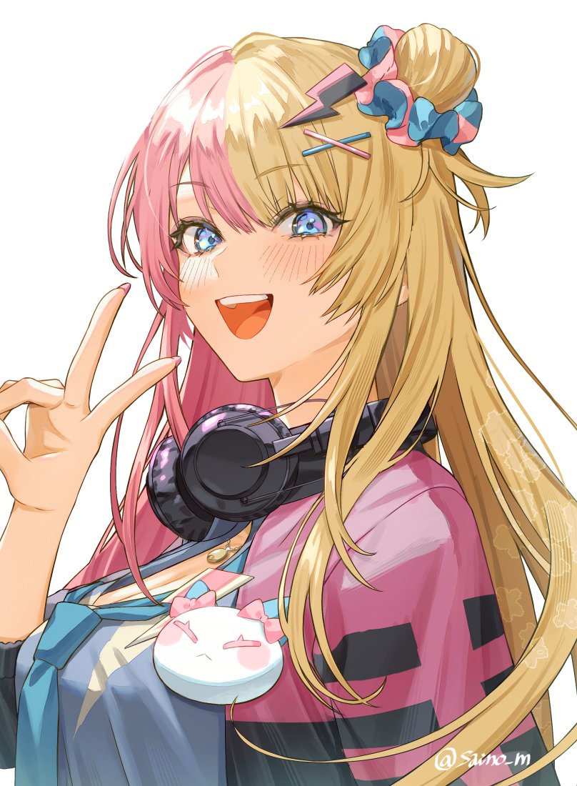 1girl blonde_hair blue_eyes blue_necktie blush breasts cleavage hair_bun hair_ornament headphones headphones_around_neck jewelry kotoka_torahime kotoka_torahime_(1st_costume) large_breasts lightning_bolt lightning_bolt_hair_ornament lightning_bolt_symbol long_hair looking_at_viewer multicolored_hair multicolored_shirt necklace necktie nijisanji nijisanji_en open_mouth pink_hair pink_nails saino_misaki scrunchie single_side_bun smile solo split-color_hair teeth three-quarter_sleeves twitter_username two-tone_hair unbuttoned unbuttoned_shirt upper_body upper_teeth_only v virtual_graduation_commemoration virtual_youtuber white_background x_hair_ornament