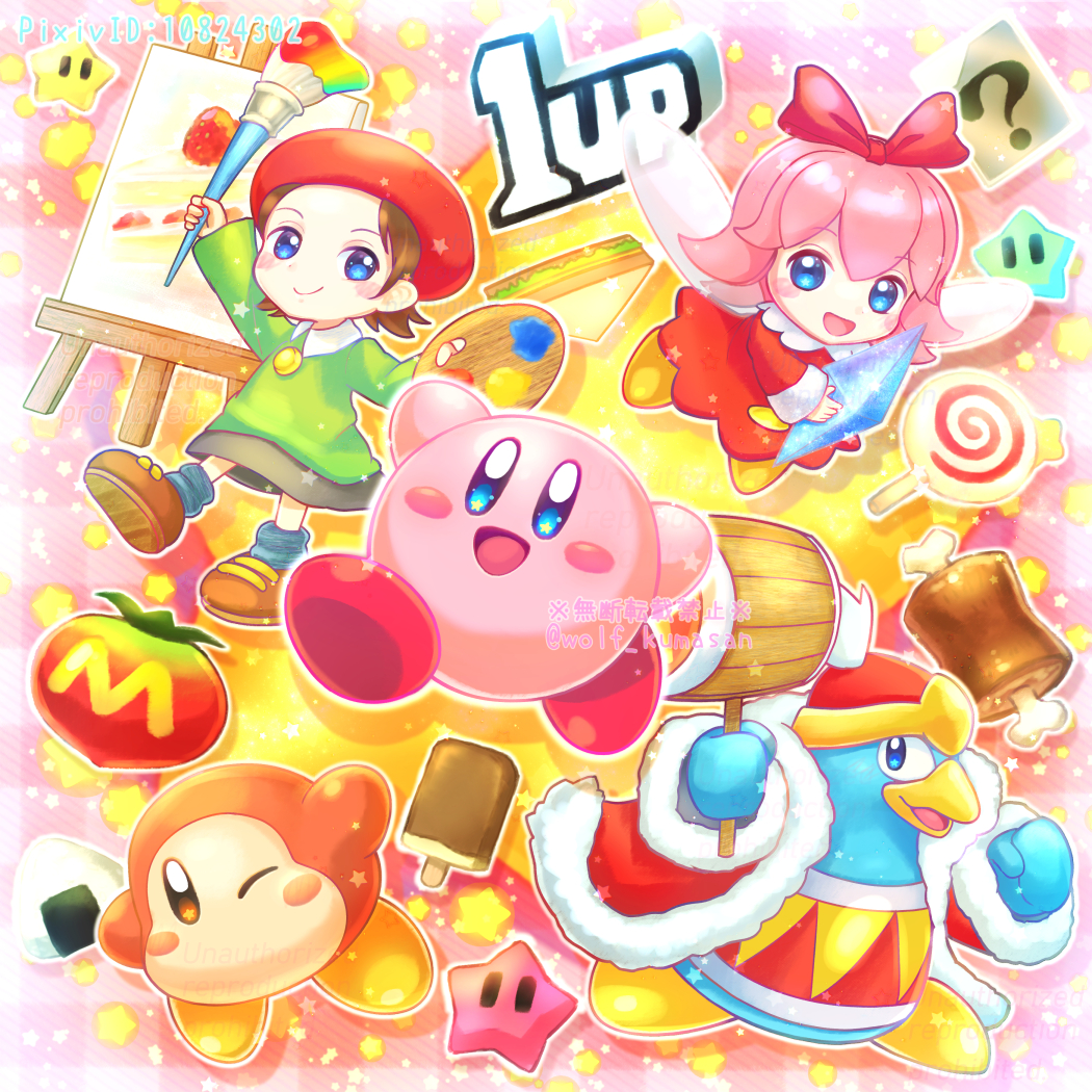1up :d ? adeleine arms_up artist_name beret blue_eyes blue_socks blush blush_stickers boned_meat brown_eyes brown_footwear brown_hair candy canvas_(object) closed_mouth collared_shirt commentary_request crystal dress easel fairy fairy_wings food fur-trimmed_jacket fur-trimmed_sleeves fur_trim green_shirt grey_skirt hair_ribbon hat holding holding_paintbrush holding_paint_palette invincible_candy jacket king_dedede kirby kirby_(series) kirby_64 kumaoka_pon lollipop long_sleeves looking_at_viewer maxim_tomato meat nintendo one_eye_closed onigiri open_clothes open_jacket open_mouth paintbrush paint_palette parted_bangs pink_background pink_hair pixiv_id plaid_background popsicle red_dress red_headwear red_jacket red_ribbon ribbon ribbon_(kirby) sandwich shirt shoes short_hair simple_background skirt smile socks star_(symbol) star_in_eye swirl_lollipop symbol_in_eye twitter_username waddle_dee watermark wings yellow_footwear