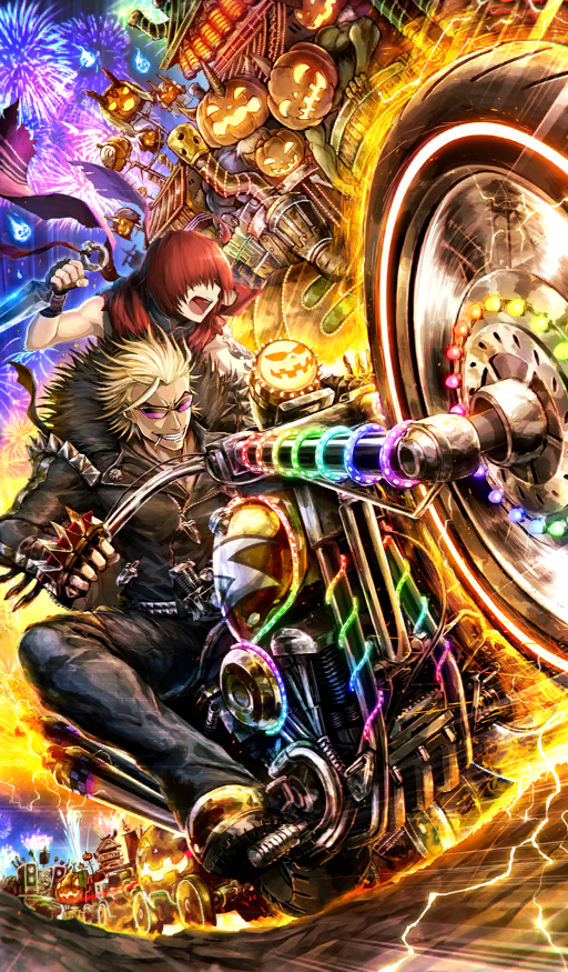 2boys aerial_fireworks bare_arms belt black_gloves black_jacket black_pants blonde_hair cigarette commentary driving dutch_angle fate/grand_order fate_(series) feather-trimmed_jacket fingerless_gloves fireworks gloves glowing golden_bear_(fate) hair_over_eyes halloween holding holding_kunai holding_weapon jack-o&#039;-lantern jacket k-suwabe kunai leather leather_jacket lightning long_sleeves male_focus motor_vehicle motorcycle mouth_hold multiple_boys night official_art on_motorcycle open_mouth outdoors pants purple-tinted_eyewear red_hair red_scarf reverse_grip riding sakata_kintoki_(fate) sakata_kintoki_(rider)_(fate) scarf short_hair sky sleeveless smile smoking spiked_jacket spiked_knuckles sunglasses teeth third-party_source tinted_eyewear weapon