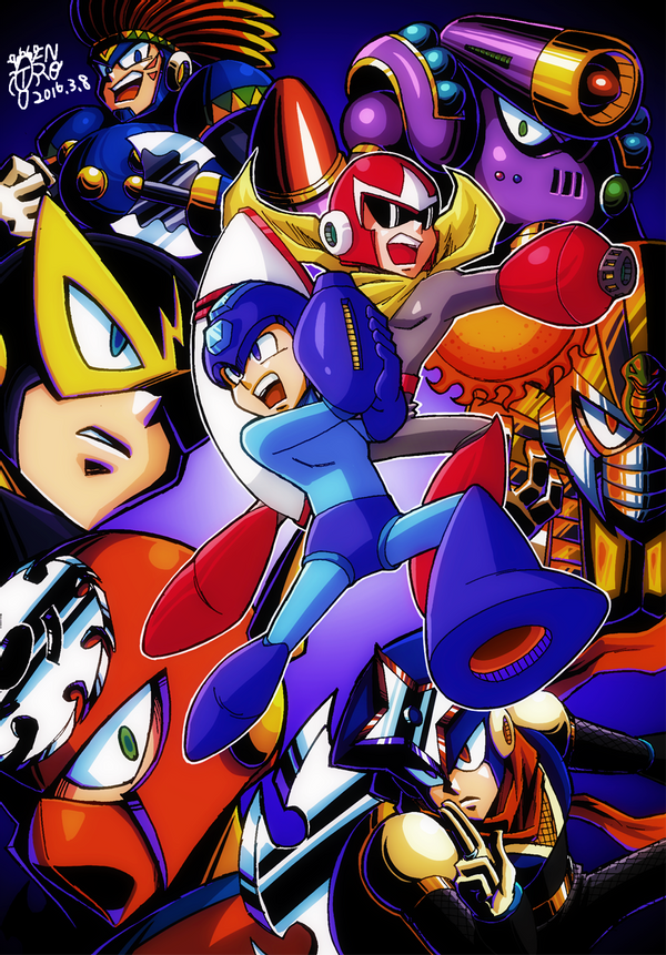 arm_cannon axe blue_eyes capcom elec_man gloves grin hand_signs helmet male_focus mask mega_man_(character) mega_man_(classic) mega_man_(series) mega_man_2 mega_man_3 mega_man_4 mega_man_5 mega_man_6 metal_man napalm_man no_mouth pharaoh_man proto_man protoman_(rockman) red_eyes robot robot_ears rockman_(game) scarf shadow_man_(mega_man) shield smile sun sunglasses tomahawk_man weapon