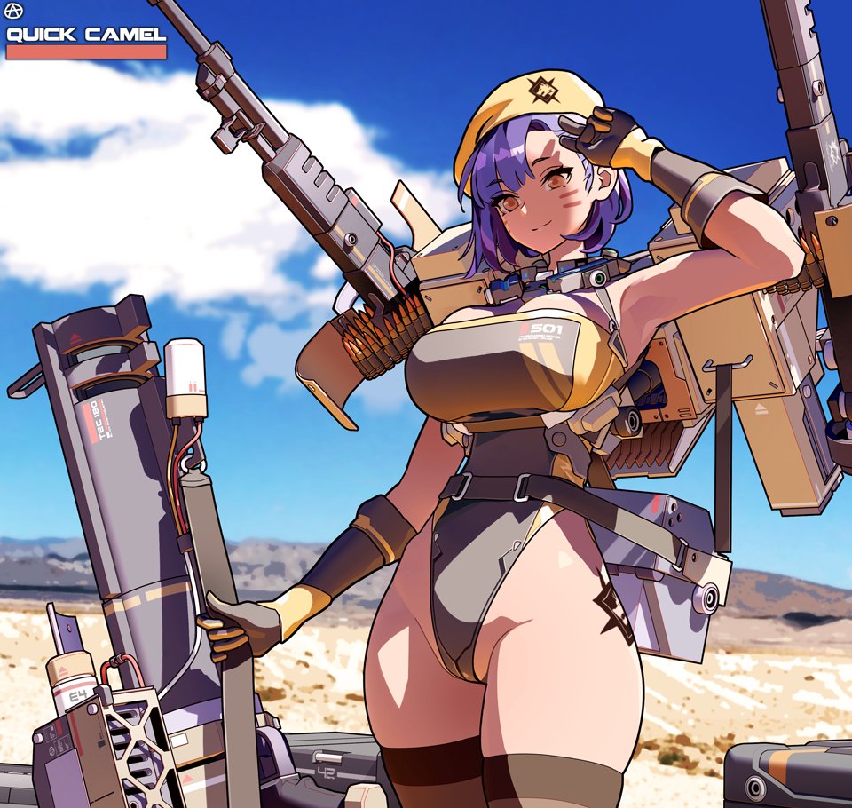 1girl armpits beret blue_sky breasts bullet check_commentary circle_a closed_mouth cloud cloudy_sky colored_skin commentary_request desert facepaint gloves gun hat highleg highleg_leotard holding holding_gun holding_weapon large_breasts last_origin leotard machine_gun military military_hat military_uniform outdoors pink_eyes quick_camel rocket_launcher salute short_hair sky smile solo thighhighs two-finger_salute weapon white_gloves white_hair white_leotard white_skin white_thighhighs yellow_hat