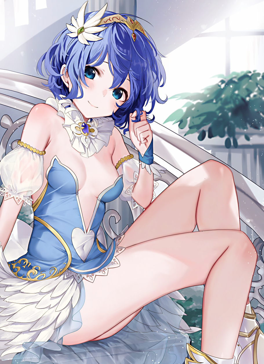 1girl ass bare_shoulders blue_eyes blue_hair breasts character_request closed_mouth collar commission covered_navel fire_emblem fire_emblem_awakening gem haru_(nakajou-28) highres female_morgan_(fire_emblem) nintendo purple_gemstone shoes short_hair sitting small_breasts smile solo tiara white_collar white_shoes