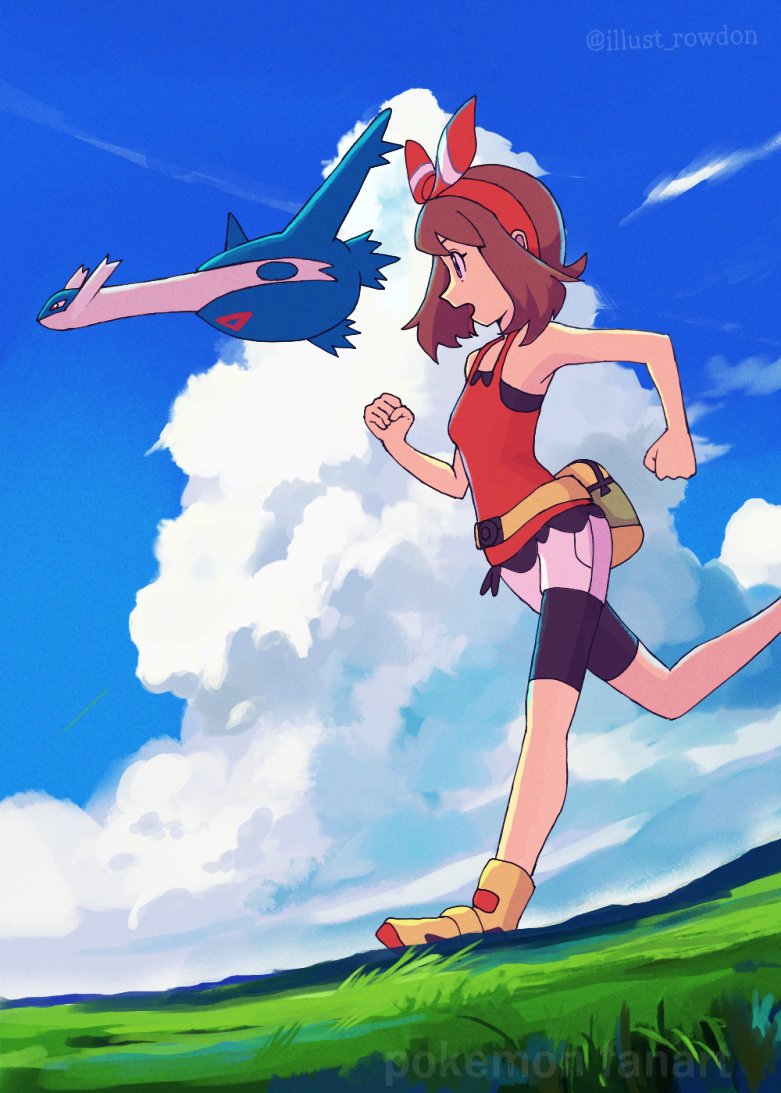 1girl bow brown_hair clenched_hands cloud cloudy_sky fanny_pack flying from_side gen_3_pokemon hair_bow latios legendary_pokemon may_(pokemon) nintendo open_mouth outdoors pokemon pokemon_(creature) pokemon_oras red_bow red_shirt rowdon running shirt shorts sky sleeveless sleeveless_shirt twitter_username