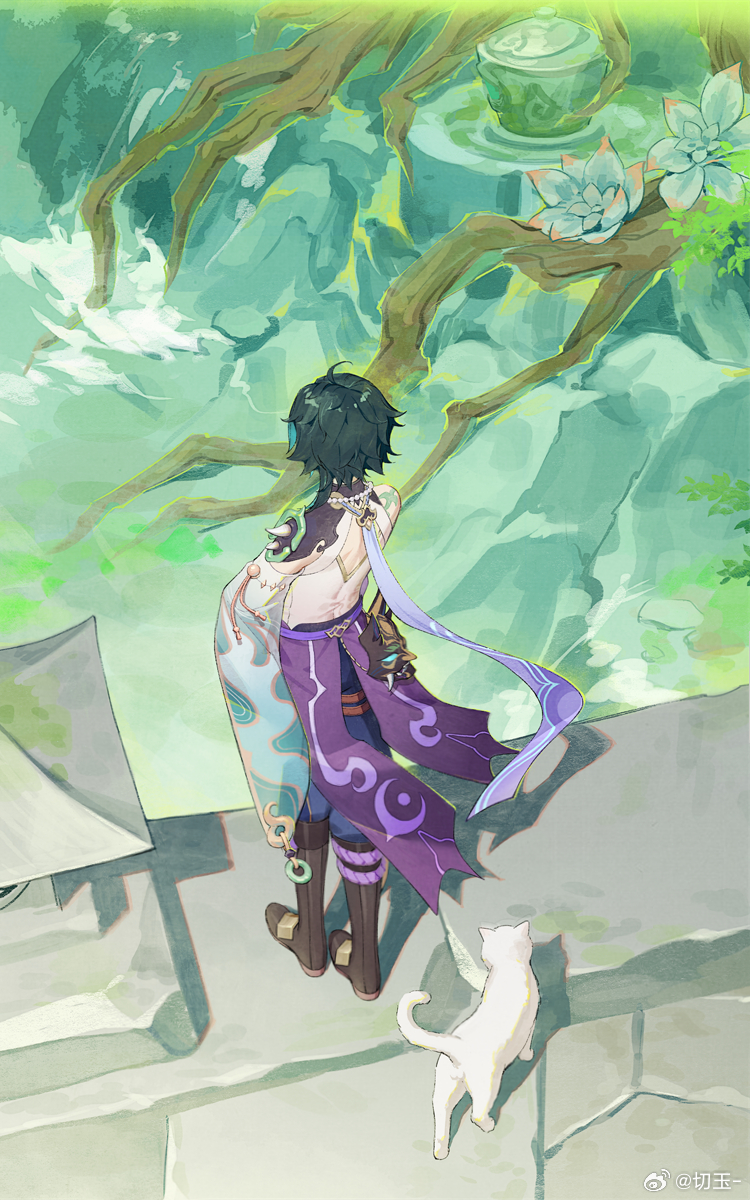 1boy ahoge back_cutout blue_pants boots cat clothing_cutout from_behind genshin_impact grey_hair highres knee_boots male_focus pants plant_roots rj_(lingshih10) shirt short_hair sleeveless sleeveless_shirt standing white_cat xiao_(genshin_impact)