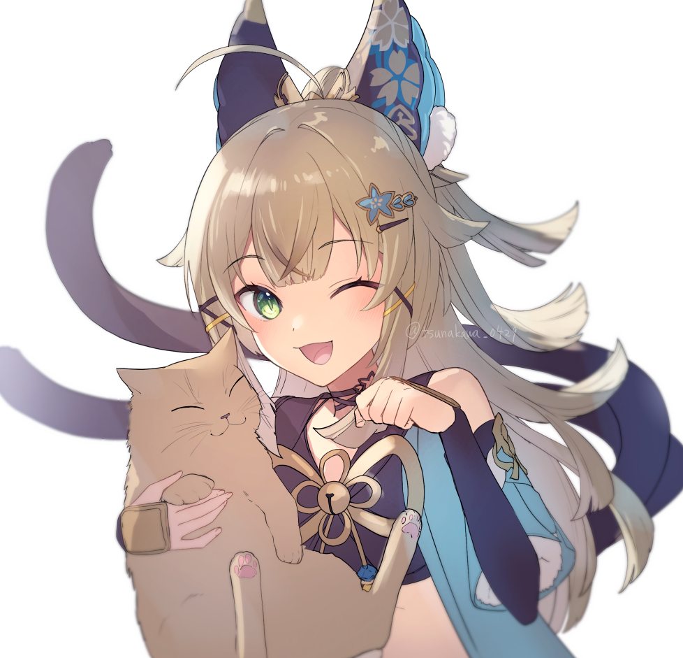 1girl animal animal_ears animal_nose artist_name bare_shoulders bell black_bow black_choker black_gloves black_tank_top blue_coat blue_flower blush bow brown_fur cat cat_ears cat_girl cat_tail choker closed_eyes closed_mouth coat detached_sleeves fingerless_gloves fingernails floral_print flower fur_trim genshin_impact gloves green_eyes hair_bow hair_flower hair_ornament hairpin hands_up holding holding_animal kirara_(genshin_impact) light_brown_hair long_hair long_sleeves looking_at_viewer multiple_tails one_eye_closed open_clothes open_coat open_mouth paw_pose pom_pom_(clothes) sidelocks simple_background sleeveless sleeveless_coat smile standing tail tank_top tongue tsunakawa two_tails white_background wide_sleeves x_hair_ornament
