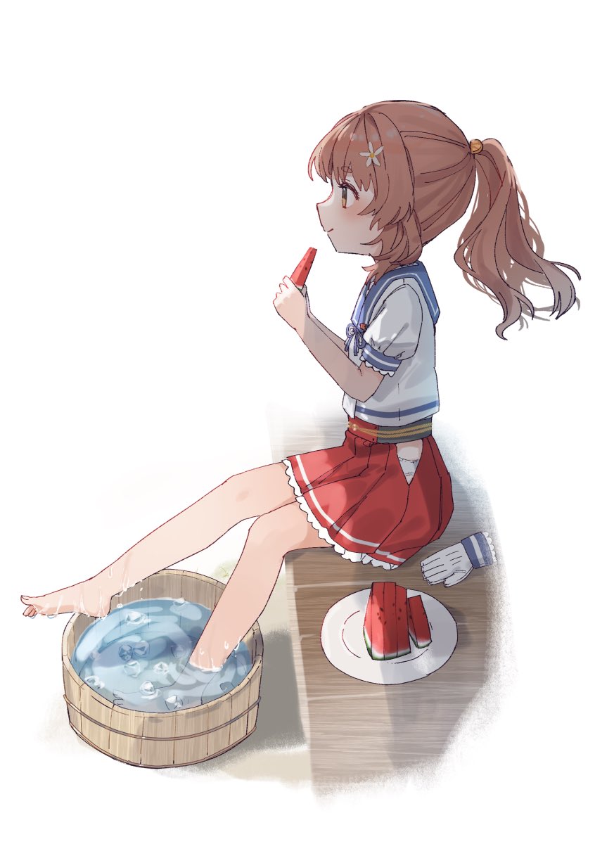 1girl barefoot blue_sailor_collar brown_hair food fruit gloves highres hip_vent holding holding_food holding_fruit holding_watermelon kantai_collection long_hair low_twintails outdoors puffy_short_sleeves puffy_sleeves red_skirt sailor_collar sailor_shirt shirt short_sleeves sitting skirt soaking_feet solo toes twintails water watermelon watermelon_slice wavy_hair white_gloves white_shirt yamashichi_(mtseven) yashiro_(kancolle)