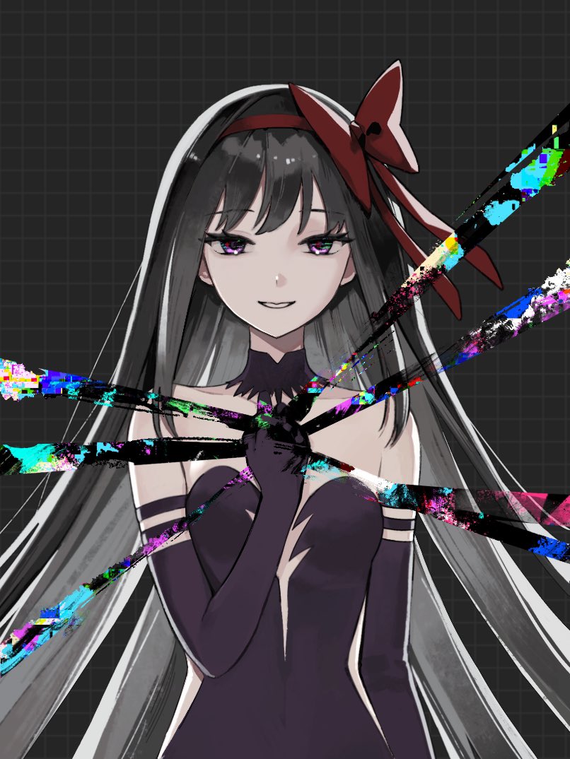 1girl akemi_homura akuma_homura bare_shoulders black_dress black_gloves black_hair bow bow_hairband commentary dress elbow_gloves english_commentary glitch gloves grid_background hairband hand_up holding long_hair mahou_shoujo_madoka_magica mahou_shoujo_madoka_magica:_hangyaku_no_monogatari moonie purple_eyes red_bow red_hairband smile solo strapless strapless_dress upper_body very_long_hair