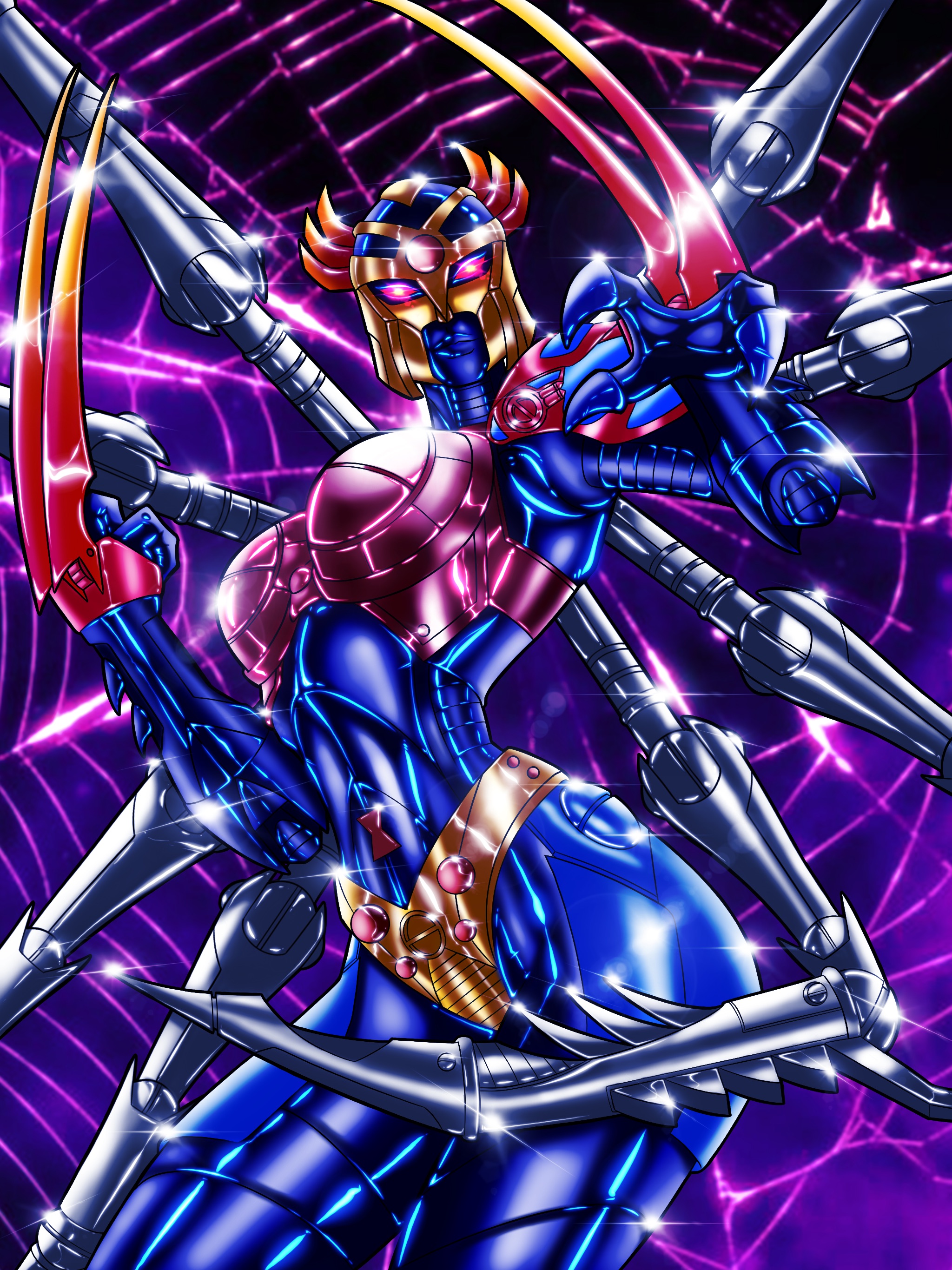 1girl absurdres arthropod_limbs beast_wars blackarachnia breasts claws colored_skin curvy glowing glowing_eyes helmet highres humanoid_robot large_breasts panties predacon purple_skin red_eyes robot robot_girl scarlethex shiny_skin silk spider_web transformers underwear yellow_panties