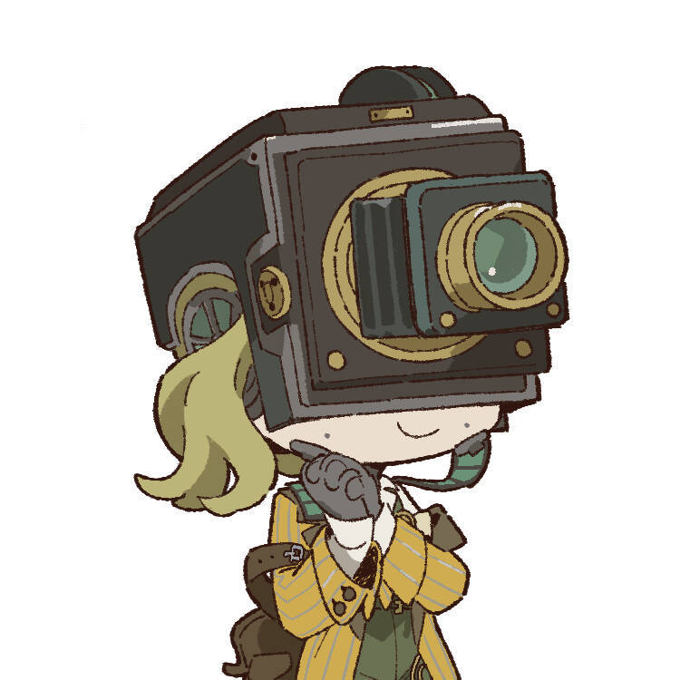 1girl bag blonde_hair brown_bag chibi closed_mouth coat formal_clothes green_overalls hands_up interlocked_fingers loggerhead_(reverse:1999) metal_skin movie_camera object_head official_art overalls own_hands_together reverse:1999 shirt shoulder_bag side_ponytail smile solo suit upper_body white_background white_shirt yellow_coat yellow_suit