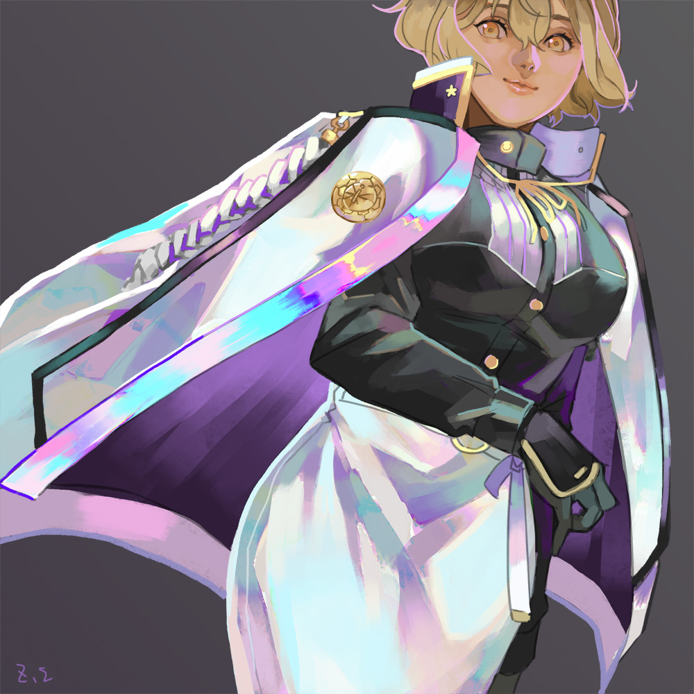 1girl black_gloves black_shirt blonde_hair breasts buttons closed_mouth commentary_request cowboy_shot dated_commentary genderswap genderswap_(mtf) gloves grey_background higekiri_(touken_ranbu) iridescent jacket jacket_on_shoulders large_breasts long_sleeves looking_at_viewer shirt short_hair signature skirt smile solo touken_ranbu white_jacket white_skirt yellow_eyes zi_tsas