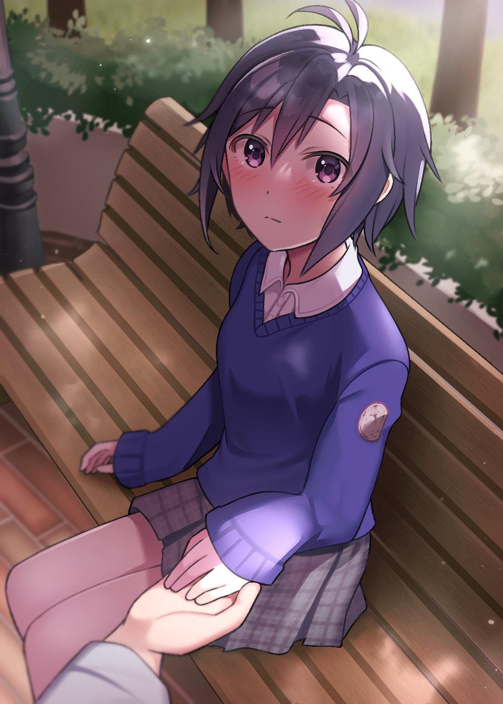antenna_hair bench black_hair blue_vest blush collared_shirt from_above highres holding_hands idolmaster idolmaster_million_live! idolmaster_million_live!_theater_days kikuchi_makoto looking_at_viewer official_alternate_costume park_bench parted_bangs plaid_clothes plaid_skirt purple_eyes raimone26 school_uniform shirt sidelocks sitting skirt vest