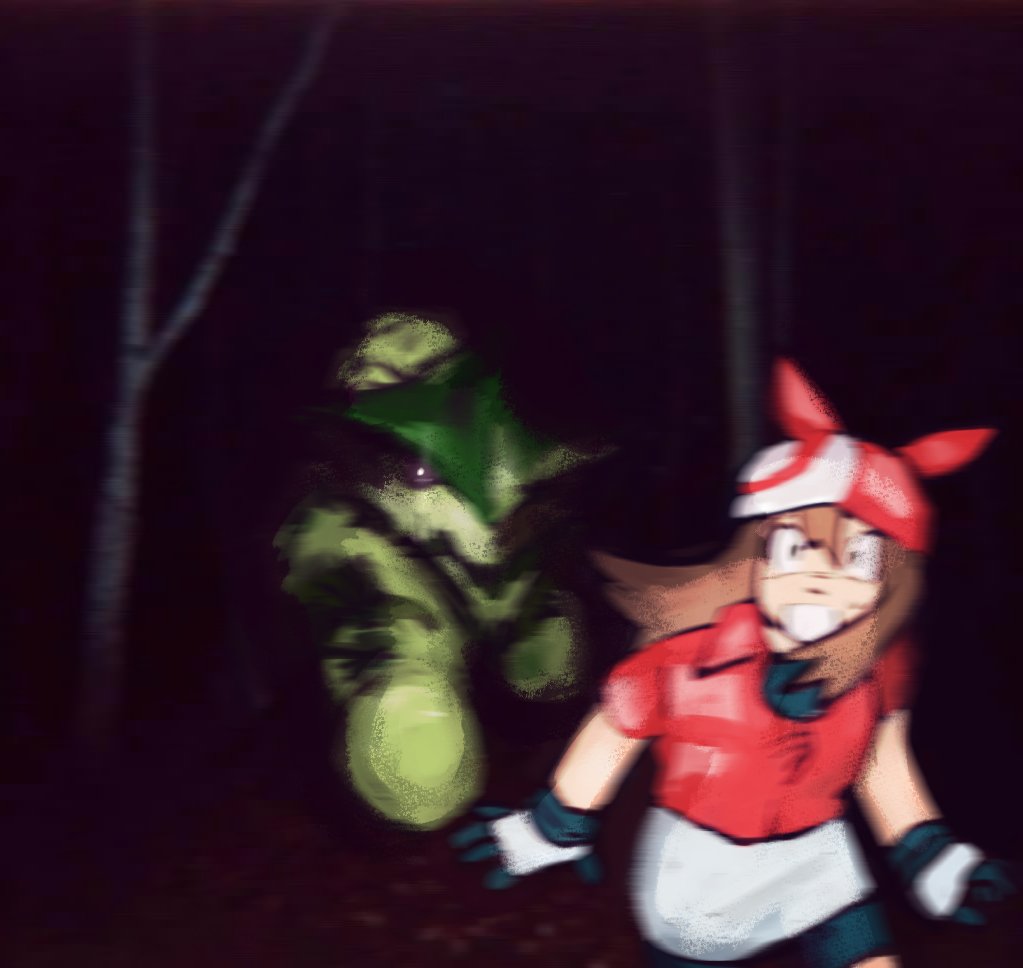 1girl 2024_pokemon_teraleak :o bandana beta_design bike_shorts blue_eyes branch brown_hair cacturne cacturne_(prototype) chasing chipichipi01 creepy creepypasta dark_background gen_3_pokemon gloves hair_over_one_eye hairband horrified horror_(theme) may_(pokemon) monster nintendo open_mouth outdoors parody pokemon pokemon_(creature) pokemon_rse pokemon_rse_(prototype) prototype_design scared short_hair