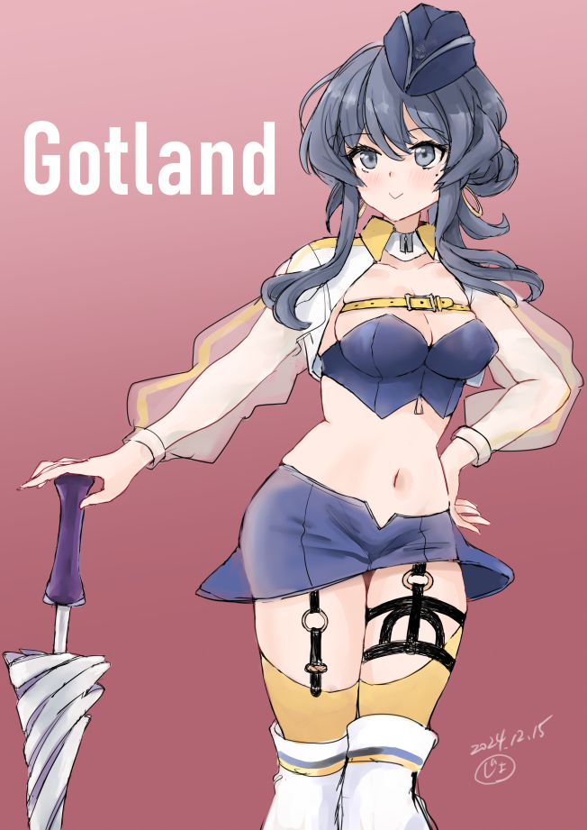 1girl artist_logo blue_bustier blue_eyes blue_hair blue_skirt blue_tube_top breasts character_name closed_umbrella dated garrison_cap garter_straps gotland_(2022_race_queen)_(kancolle) gotland_(kancolle) gradient_background hat kantai_collection kitagawa_mikio large_breasts logo long_hair midriff mole mole_under_eye multicolored_thighhighs navel pink_background planted planted_umbrella race_queen shrug_(clothing) skirt smile solo strapless tube_top umbrella white_shrug