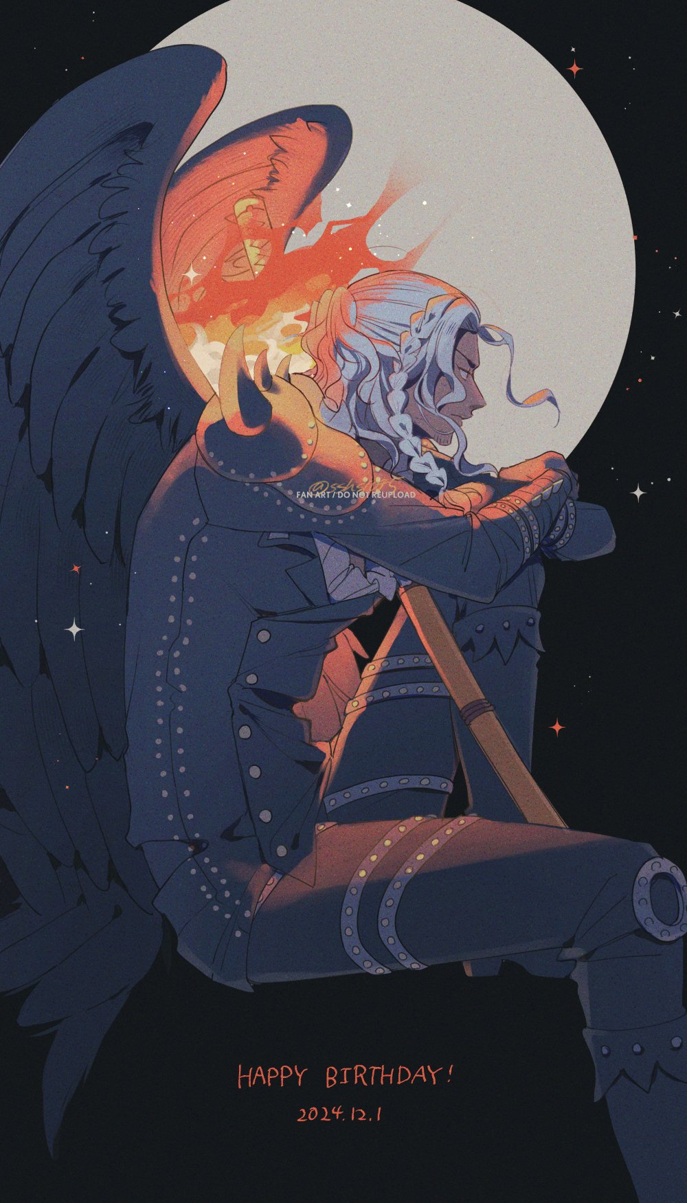 1boy black_wings boots braid facial_hair fire full_moon goatee_stubble happy_birthday highres jacket king_(one_piece) looking_ahead male_focus moon one_piece paruma_umu ponytail profile sidelocks sitting solo star_(sky) stubble sword twitter_username weapon white_hair wings