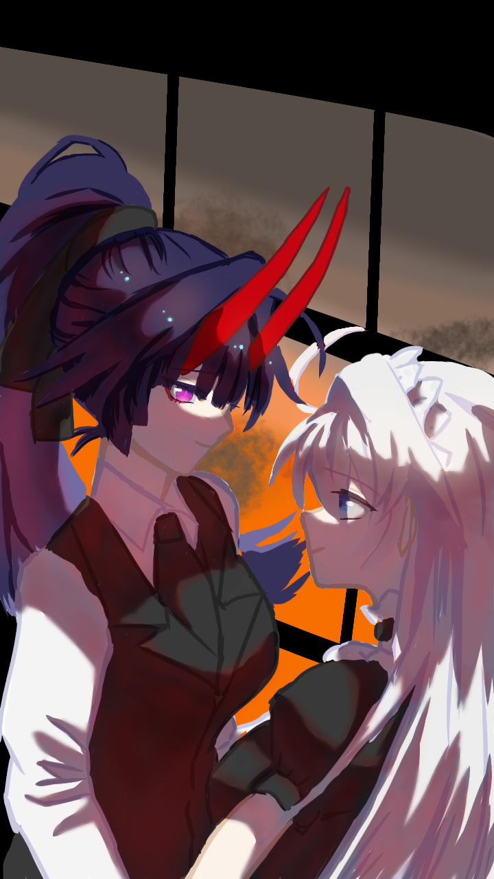 2girls bartender blue_eyes demon_horns highres honkai_(series) honkai_impact_3rd horns kiana_kaslana long_hair multiple_girls purple_eyes purple_hair raiden_mei smile user_hjgy5758 white_hair yuri