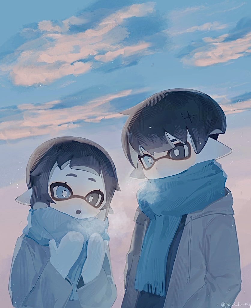 1boy 1girl :o black_eyes black_hair black_tongue blue_eyes blue_scarf blue_sky breath bright_pupils commentary_request drawstring fang grey_jacket hands_up heterochromia hood hood_down hooded_jacket inkling inkling_boy inkling_girl inkling_player_character jacket long_sleeves mittens nintendo open_clothes open_jacket open_mouth pale_skin pinokoko_217 pointy_ears scarf short_hair sky splatoon_(series) tentacle_hair white_mittens white_pupils