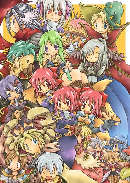 2000s_(style) 6+boys 6+girls alchemist_(ragnarok_online) armor assassin_(ragnarok_online) assassin_cross_(ragnarok_online) black_coat black_gloves black_shorts black_thighhighs blacksmith_(ragnarok_online) blonde_hair blue_cape blue_eyes blue_gloves blue_hair bow breasts brown_cape brown_hair brown_shirt cape closed_mouth coat coke-bottle_glasses commentary_request cowboy_shot cross dress elbow_gloves feathered_wings fingerless_gloves fishnet_pantyhose fishnets fur-trimmed_coat fur_collar fur_trim glasses gloves gold_trim green_hat grey_hair hair_bow hasenyo hat head_wings high_wizard_(ragnarok_online) holding holding_mask hunter_(ragnarok_online) juliet_sleeves knight_(ragnarok_online) long_hair long_sleeves looking_at_another looking_at_viewer mask medium_breasts merchant_(ragnarok_online) monk_(ragnarok_online) multicolored_coat multiple_boys multiple_girls open_clothes open_coat open_mouth paladin_(ragnarok_online) pantyhose pauldrons pink_eyes pink_hair potion priest_(ragnarok_online) puffy_sleeves purple_dress purple_eyes purple_hair ragnarok_online red_bow red_cape red_coat red_eyes red_scarf rogue_(ragnarok_online) scarf shirt short_hair shorts shoulder_armor smile star_(symbol) star_print thighhighs two-tone_coat visor_(armor) waving white_shirt white_wings wings witch_hat yellow_background yellow_eyes