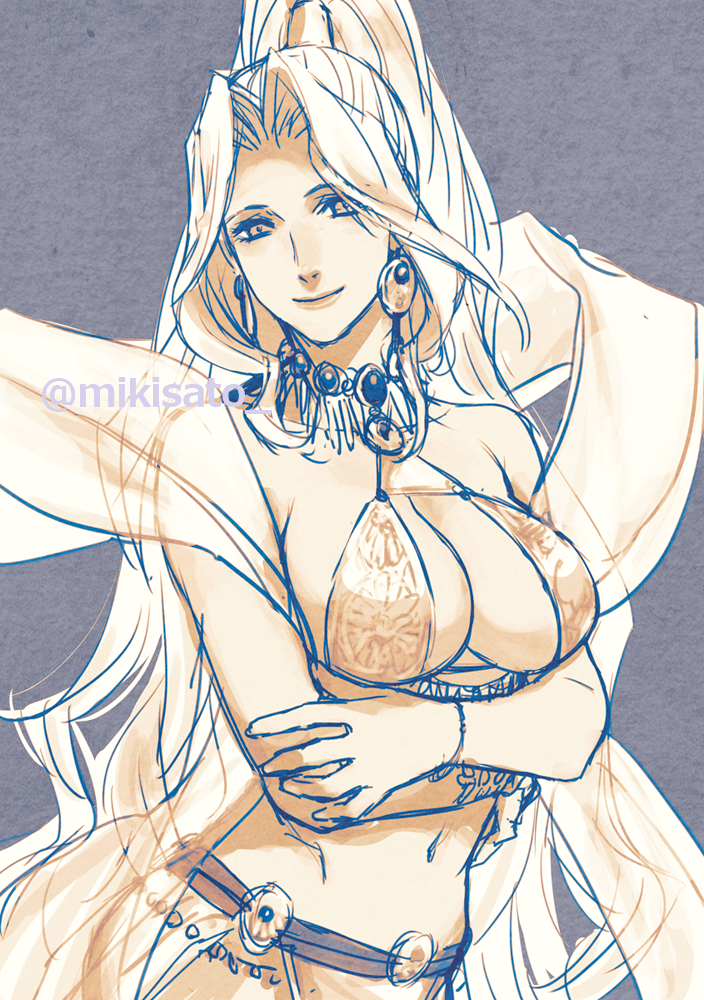 1girl breasts cleavage closed_mouth dress earrings gensou_suikoden gensou_suikoden_v high_ponytail jeane_(suikoden) jewelry large_breasts long_hair looking_at_viewer mikisato monochrome navel ponytail revealing_clothes simple_background smile solo