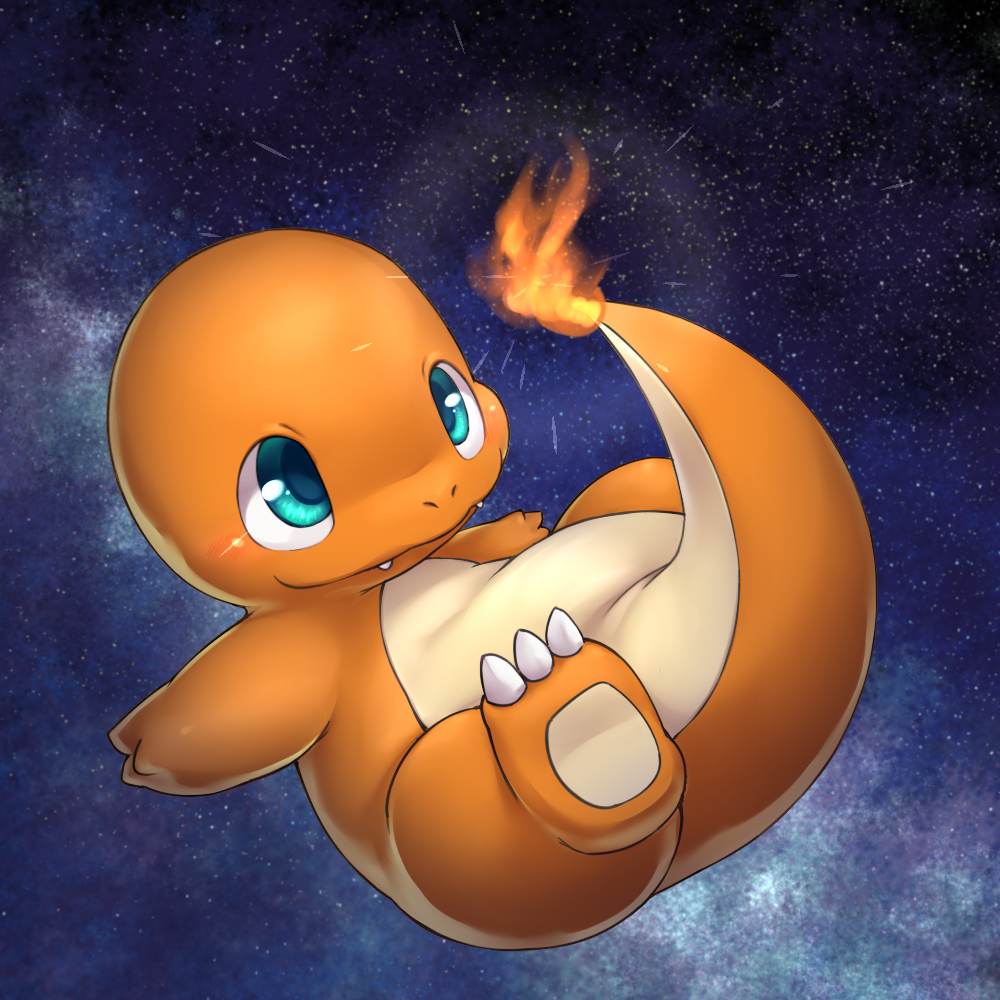 blue_eyes charmander claws closed_mouth commentary_request fangs fire flame-tipped_tail floating full_body gen_1_pokemon havintail night nintendo no_humans nostrils pokemon pokemon_(creature) sky solo star_(sky) starry_sky tail