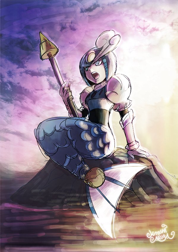 1girl aqua_eyes ariga_hitoshi armor artist_name black_sleeves blue_armor blue_eyes commentary dusk elbow_gloves fins fish_tail gloves hand_on_ground hand_up helmet holding holding_polearm holding_weapon humanoid_robot looking_ahead mega_man_(classic) mega_man_(series) mega_man_9 mermaid monster_girl no_humans open_mouth outdoors polearm puffy_short_sleeves puffy_sleeves robot rock scales short_sleeves signature sitting sketch sky solo spear splash_woman tail teeth tongue upper_teeth_only water weapon white_gloves