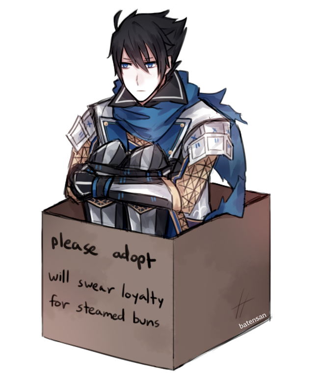 armor batensan black_hair box cardboard_box scarf sengoku_musou toudou_takatora_(sengoku_musou)