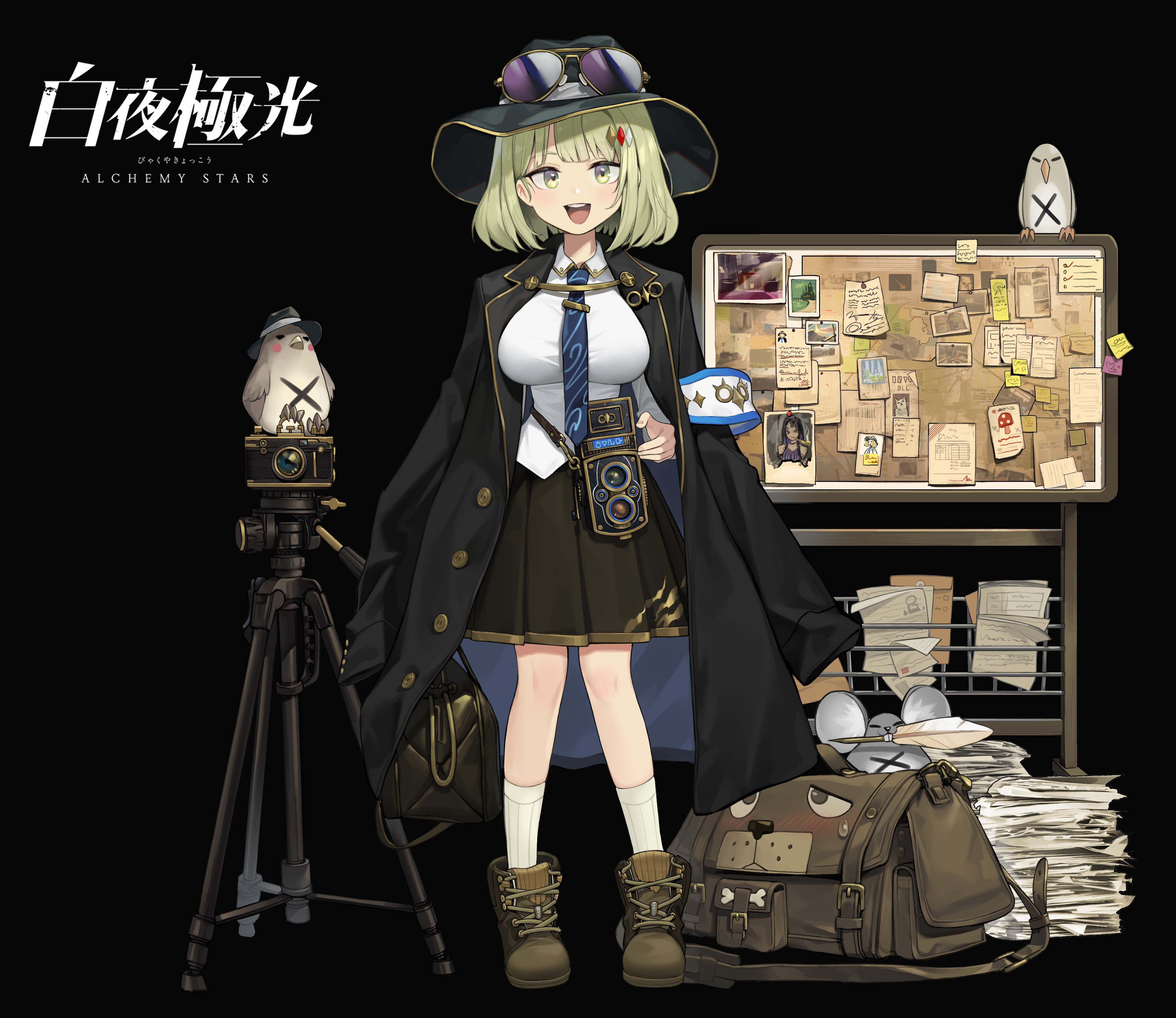 1girl absurdres alchemy_stars bag bird black_background black_coat black_hat black_skirt blue_necktie boots brandy_(alchemy_stars) breasts bulletin_board camera coat coat_on_shoulders collared_shirt copyright_name duffel_bag eyewear_on_headwear full_body green_eyes green_hair hair_ornament hat highres holding holding_bag medium_breasts mouse_(animal) necktie official_art open_mouth paper pleated_skirt quill romana shirt short_hair skirt smile socks solo standing sunglasses tripod twin-lens_reflex_camera white_shirt white_socks