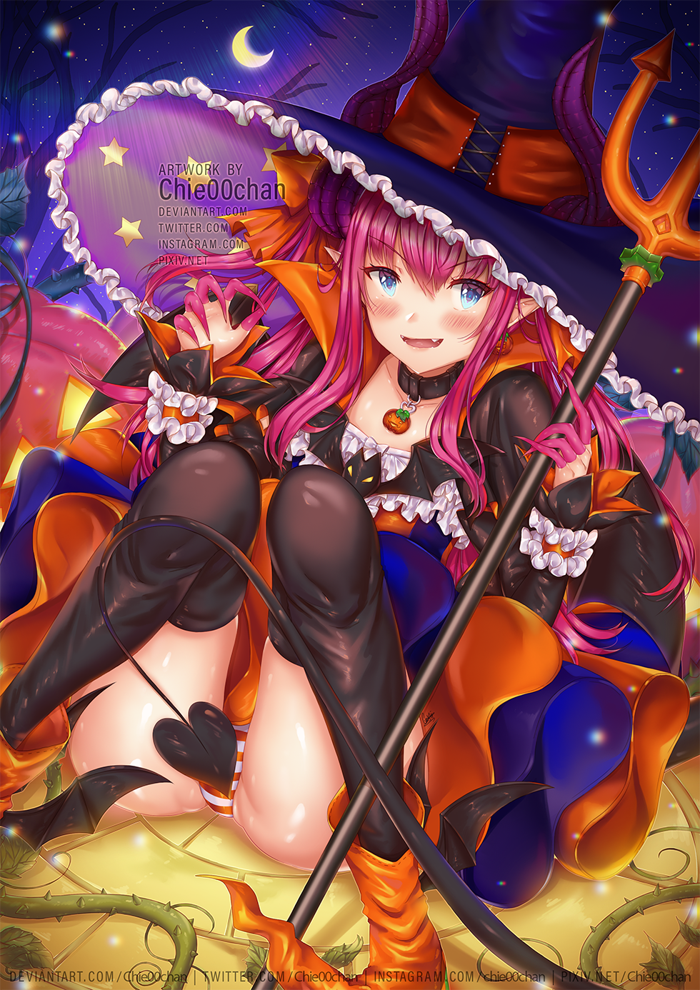 1girl black_thighhighs blue_eyes blush capelet chie00chan closed_mouth cowboy_shot detached_sleeves dress elizabeth_bathory_(fate) elizabeth_bathory_(halloween_caster)_(fate) fangs fate/grand_order fate_(series) female_focus hair_between_eyes halloween hat highres horns long_hair looking_at_viewer open_mouth panties purple_hair sidelocks skirt smile solo striped_clothes striped_panties thighhighs underwear vertical_stripes watermark web_address witch_hat