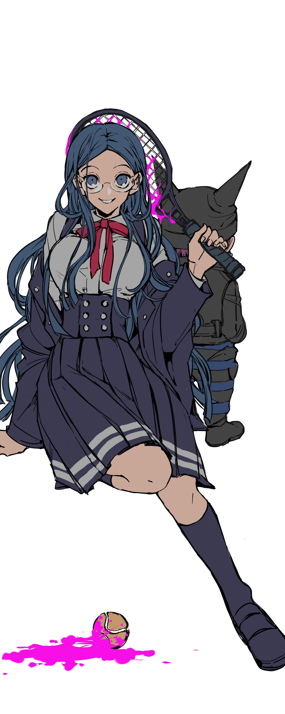 1boy 1girl absurdres back-to-back ball beanie belt black_belt black_footwear black_hat black_jacket black_pants black_socks blazer blood blood_splatter bloody_weapon blue_corset blue_eyes blue_hair blue_jacket blue_pants blue_skirt bow bowtie breasts buttons collared_shirt commentary corset danganronpa_(series) danganronpa_v3:_killing_harmony eyelashes fake_horns fingernails from_behind full_body glasses hands_in_pockets hat height_difference highres holding_tennis_racket horned_headwear horns hoshi_ryoma jacket jacket_partially_removed kneehighs large_breasts layered_sleeves leather leather_jacket leg_up long_hair long_sleeves medium_skirt open_mouth orange_hair pants pink_blood pleated_skirt pocket red_bow red_bowtie round_eyewear shirogane_tsumugi shirt shoes short_hair sidelocks simple_background sitting skirt smile socks spoilers standing striped_clothes striped_pants teeth tennis_ball two-tone_pants unconventional_weapon usukuchi_(hagi) uwabaki very_long_hair weapon white_background white_shirt