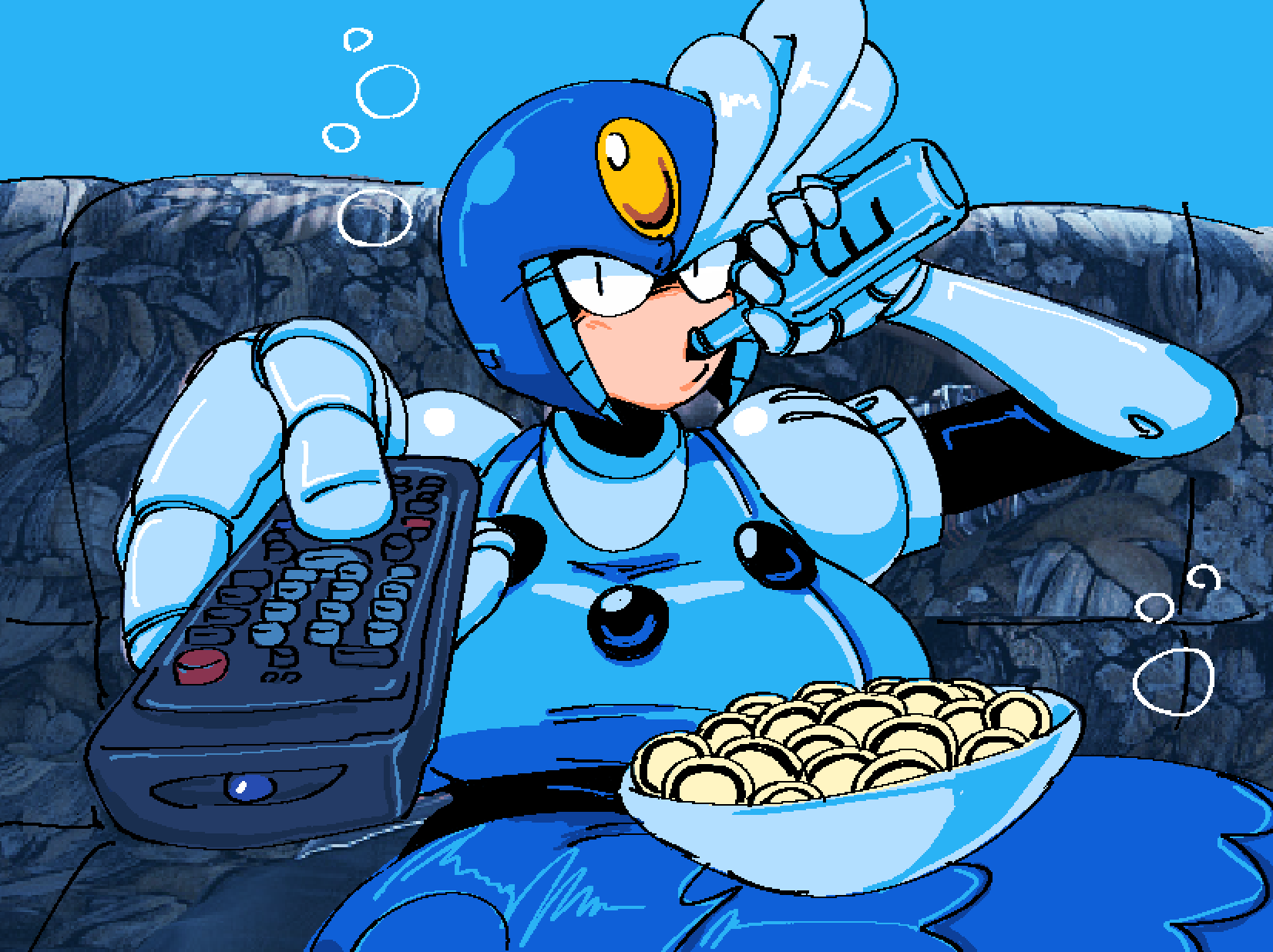 1girl blue_background blue_helmet bottle breasts controller couch helmet highres holding holding_bottle holding_remote_control large_breasts man_watching_tv_(meme) mega_man_(classic) mega_man_(series) mermaid monster_girl photo-referenced remote_control robot_girl sitting solo splash_woman submarinechamomile