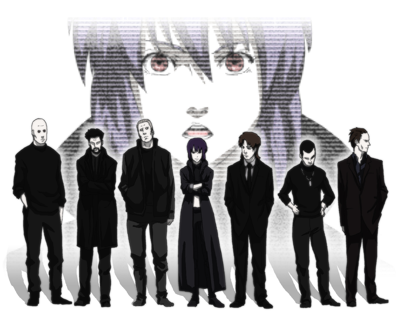 1girl 6+boys bald batou_(gits) black_hair black_shirt boma_(gits) brown_hair coat crossed_arms everyone formal_clothes ghost_in_the_shell ghost_in_the_shell_lineup ghost_in_the_shell:_stand_alone_complex grey_hair hand_in_pocket hands_in_pockets hands_on_own_hips hat head_tilt ishikawa_(gits) jacket jewelry kusanagi_motoko lineup looking_away looking_down multiple_boys necklace necktie no_eyes open_mouth paz_(gits) purple_hair red_eyes saito saitou_(gits) shadow shirt short_hair sjw_kazuya standing suit sweater togusa_(gits)