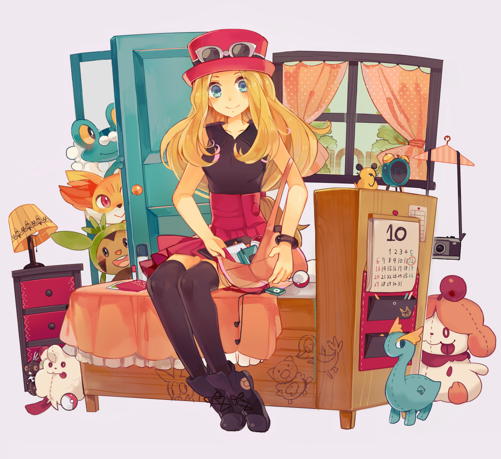 10s 1girl bed bedroom black_shirt black_thighhighs blonde_hair calendar calendar_(object) chespin digital_media_player doll eyewear_on_head eyewear_on_headwear fennekin froakie gen_6_pokemon hat ipod nintendo pleated_skirt poke_ball poke_ball_(basic) pokemon pokemon_(creature) pokemon_xy porkpie_hat red_hat red_skirt serena_(pokemon) shiroroko shirt sitting skirt sleeveless sleeveless_shirt starter_pokemon_trio sunglasses tagme thighhighs white-framed_eyewear zettai_ryouiki