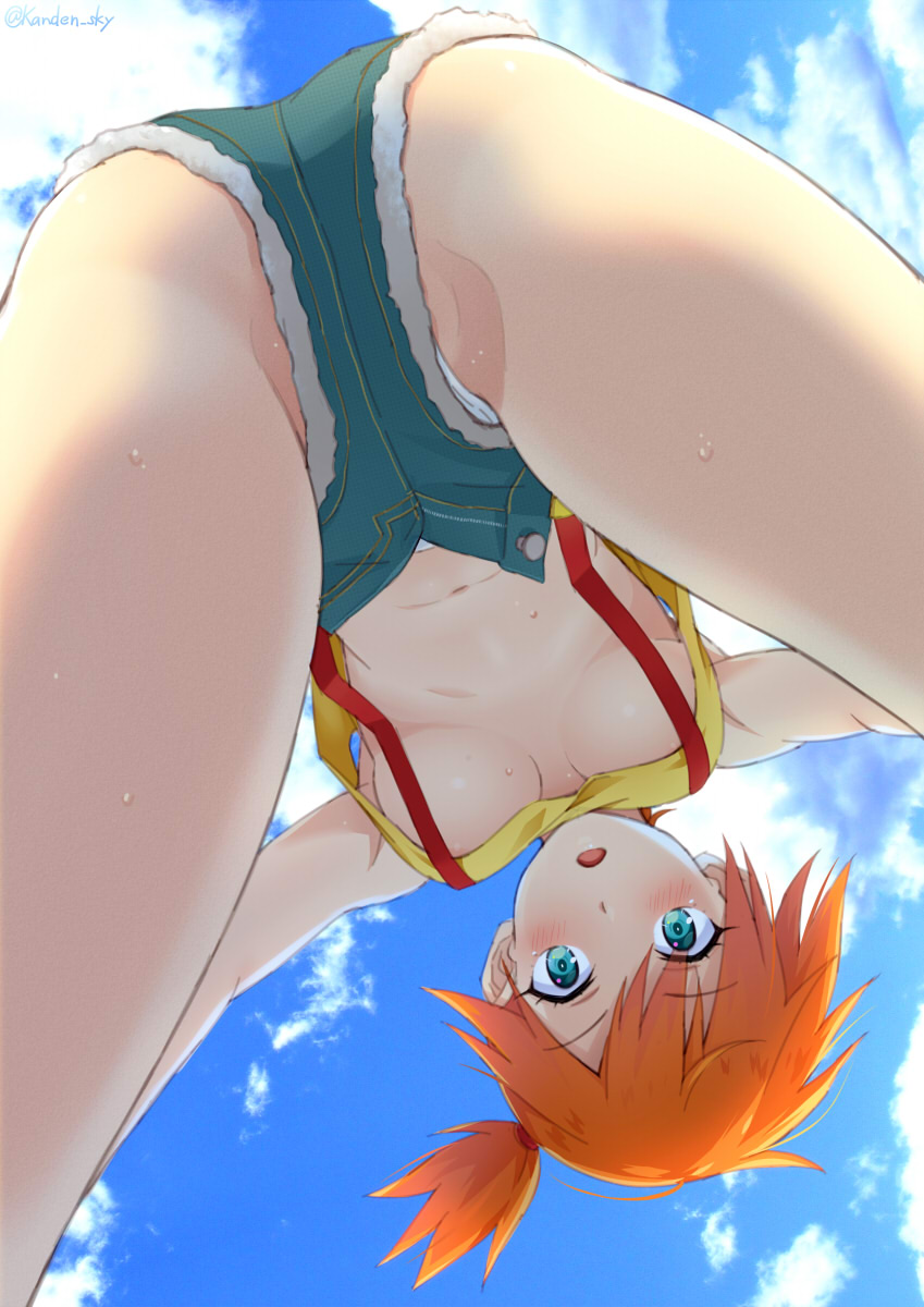 1girl :o aqua_eyes ass ass_focus asymmetrical_hair blush breasts crop_top denim denim_shorts embarrassed female_focus from_below highres jeans_shorts kanden_sky micro_shorts misty_(pokemon) nintendo no_bra open_fly open_mouth orange_hair panties partially_visible_vulva pokemon pokemon_(anime) pokemon_(classic_anime) ponytail shirt short_hair short_shorts shorts side_ponytail sky suspenders sweat unbuttoned underboob underwear upshorts white_panties yellow_shirt