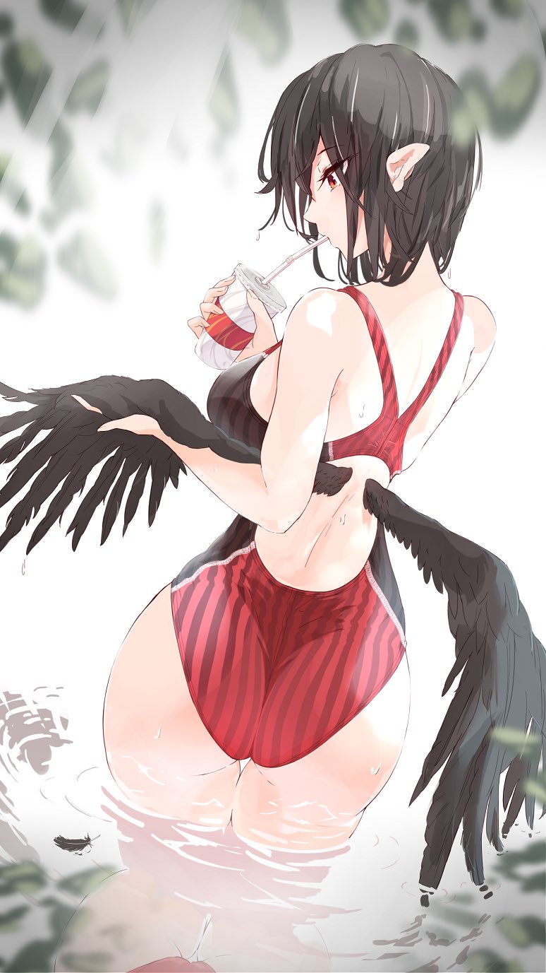 1girl ass bird_wings black_hair black_wings breasts cup highres holding holding_cup kagami_toufu one-piece_swimsuit pointy_ears red_eyes red_one-piece_swimsuit shameimaru_aya short_hair solo striped_clothes striped_one-piece_swimsuit swimsuit touhou vertical-striped_clothes vertical-striped_one-piece_swimsuit wings