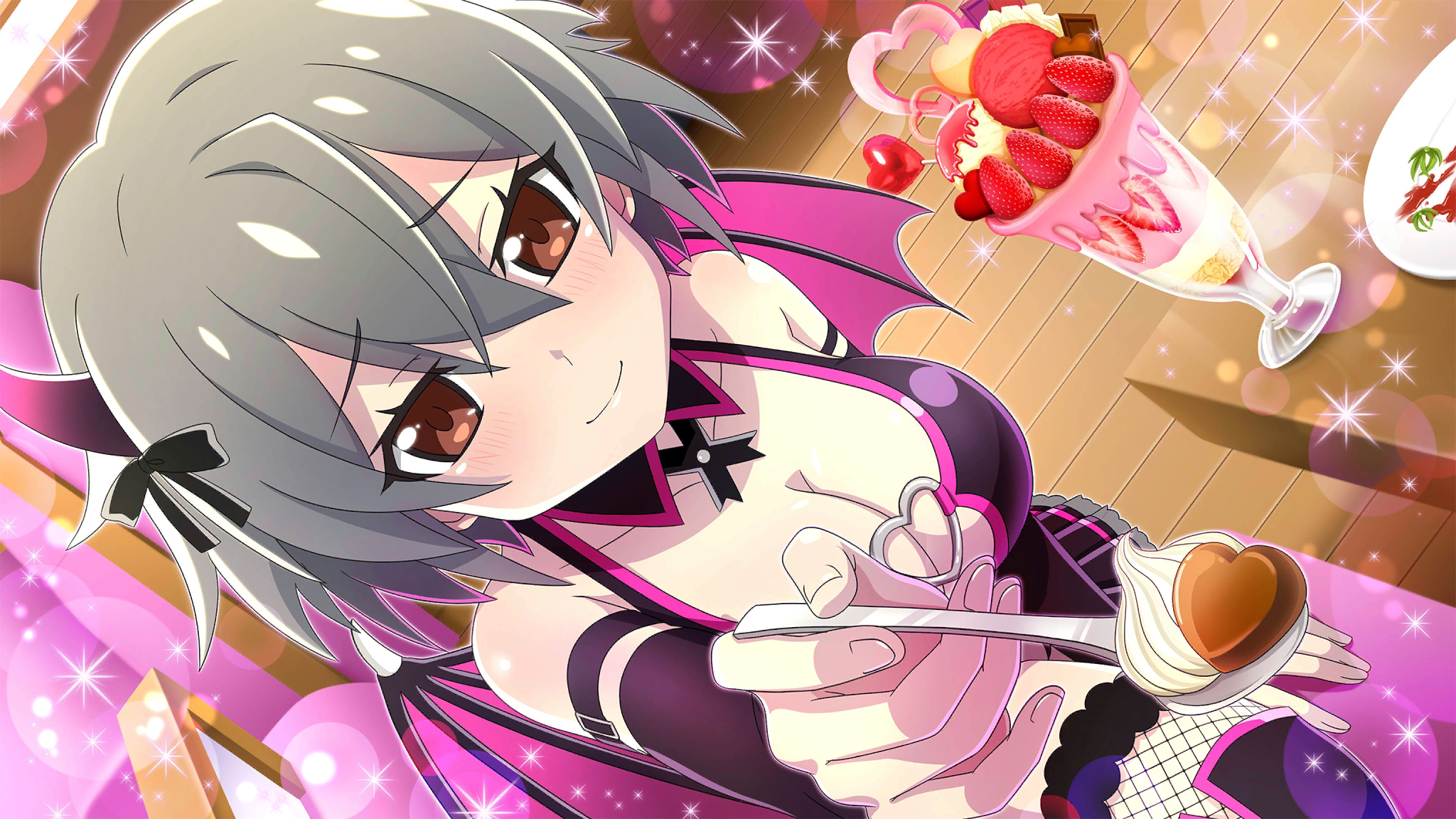 1girl angel_mort blush breasts brown_eyes cleavage closed_mouth couch cream crossed_arms demon_costume demon_horns demon_wings dutch_angle fake_horns fake_wings food fruit game_cg grey_hair hair_between_eyes highres higurashi_no_naku_koro_ni higurashi_no_naku_koro_ni_mei holding holding_spoon horns ice_cream incoming_food indoors kimiyoshi_kazuho lens_flare looking_at_viewer non-web_source official_art on_couch pov restaurant short_hair shy smile solo sparkle spoon strawberry sundae table waitress wings wooden_floor