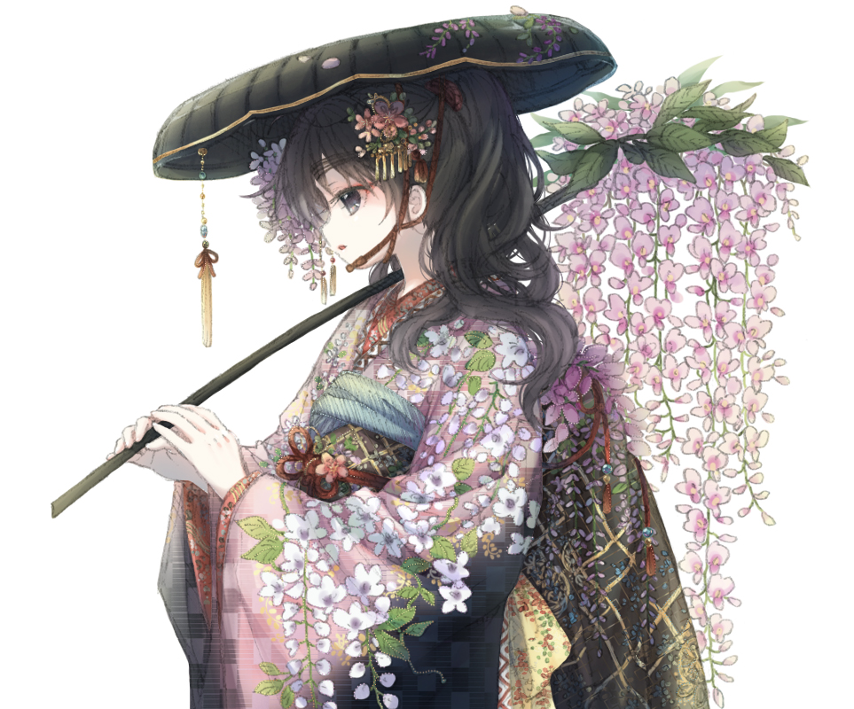1girl ahodumi black_hair comb eyeshadow floral_print floral_print_kimono flower hair_flower hair_ornament japanese_clothes kimono kukuchi_heisuke long_hair makeup multicolored_kimono obi obiage obijime orchid pink_flower ponytail print_kimono rakudai_ninja_rantarou red_eyeshadow sandogasa sash solo tassel upper_body white_background wide_sleeves
