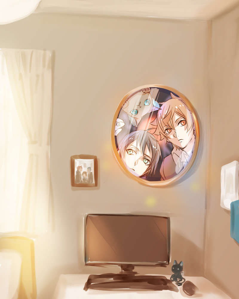 2boys ace_trappola aqua_eyes bedroom brown_hair character_doll computer creature deuce_spade doll grim_(twisted_wonderland) indoors light_particles looking_at_viewer male_focus mirror multiple_boys orange_eyes orange_hair short_hair sunlight twisted_wonderland window yuu_(twisted_wonderland) yuuki_(yukko7474)
